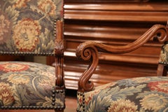 Tall Pair of 19th Century French Louis XIII Carved Walnut Upholstered Armchairs