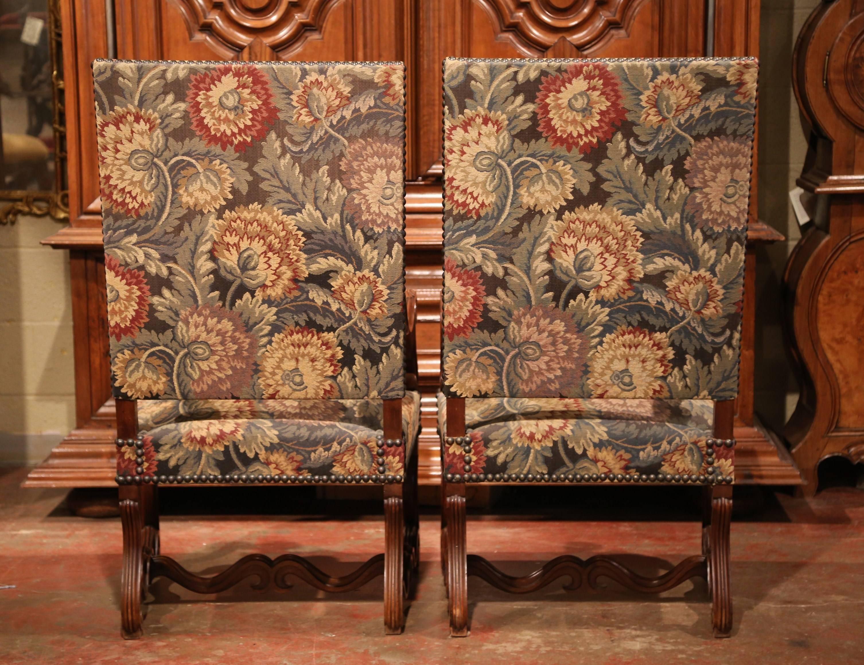 Tall Pair of 19th Century French Louis XIII Carved Walnut Upholstered Armchairs 4