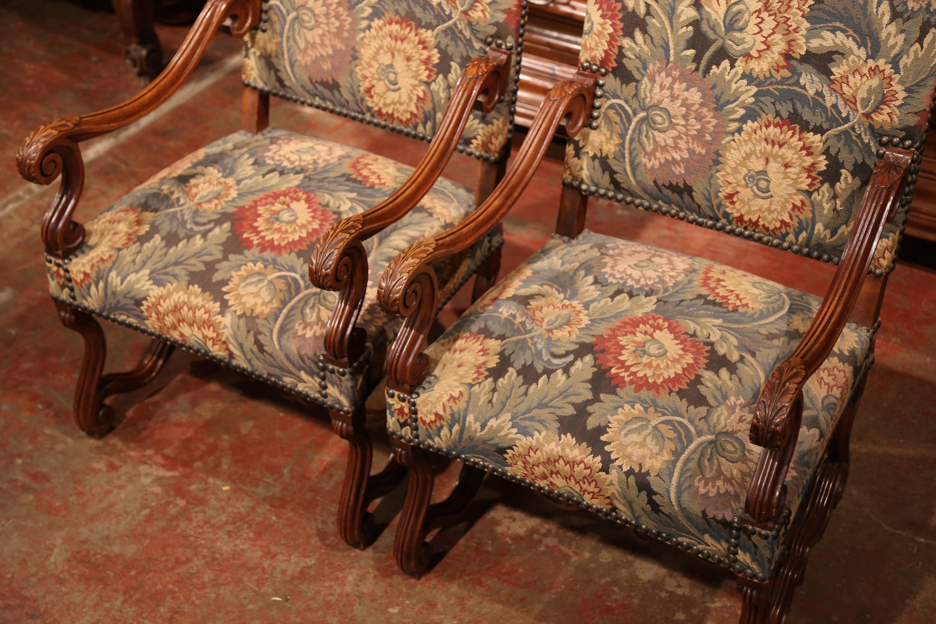 Hand-Carved Tall Pair of 19th Century French Louis XIII Carved Walnut Upholstered Armchairs