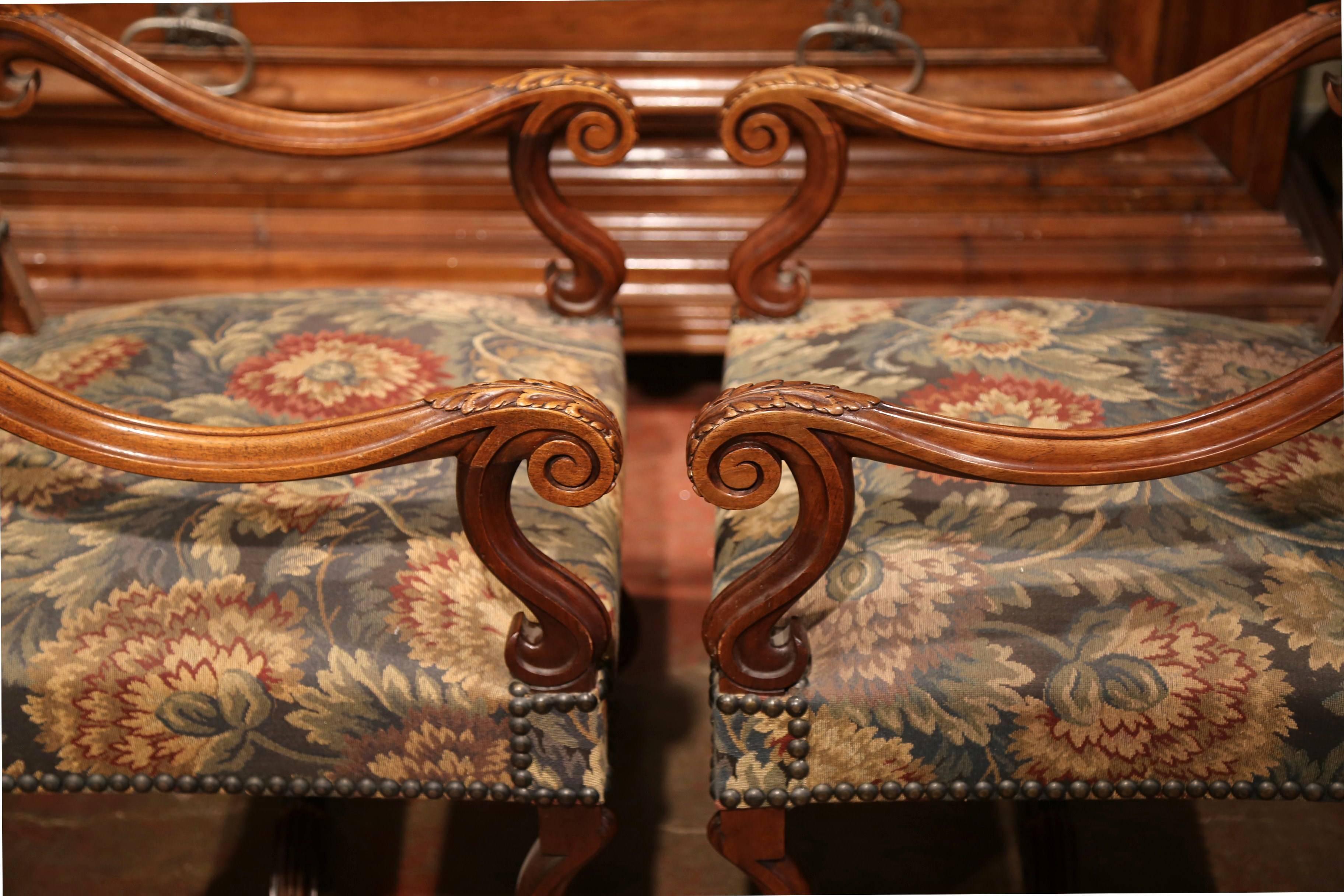 Tall Pair of 19th Century French Louis XIII Carved Walnut Upholstered Armchairs 3