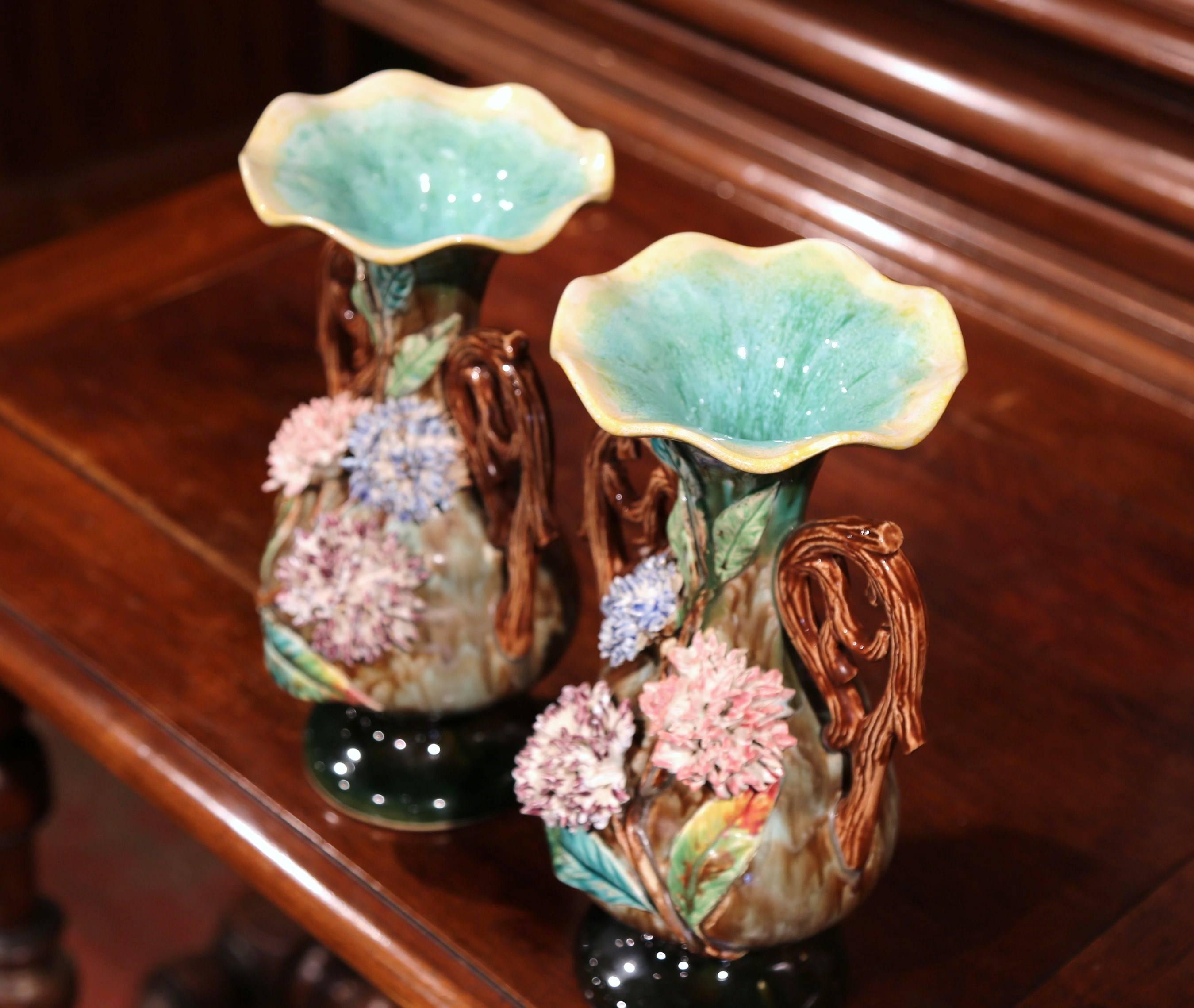 Pair of 19th Century French Hand-Painted Barbotine Vases with Flowers and Leaves 2