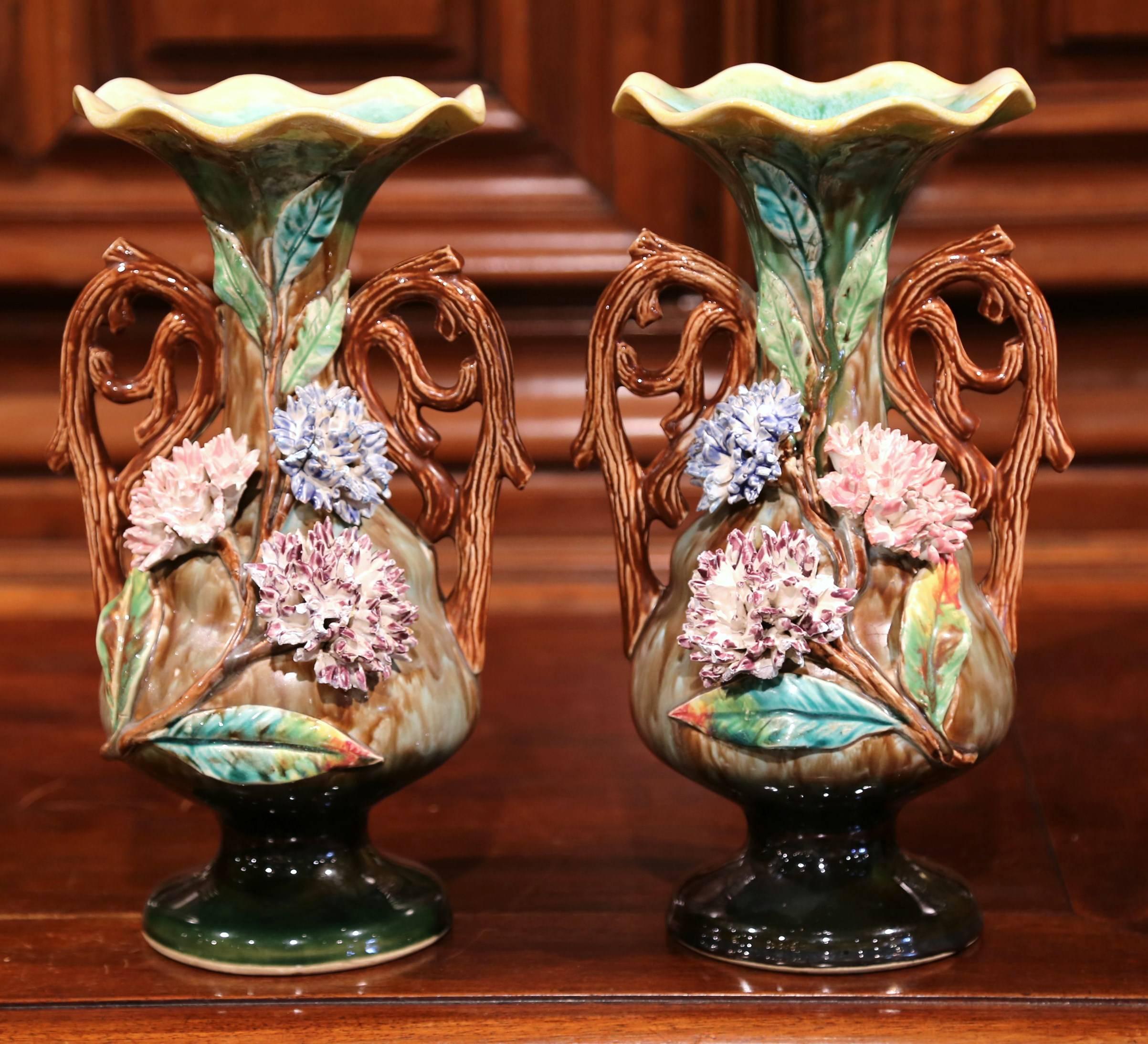 Pair of 19th Century French Hand-Painted Barbotine Vases with Flowers and Leaves 1