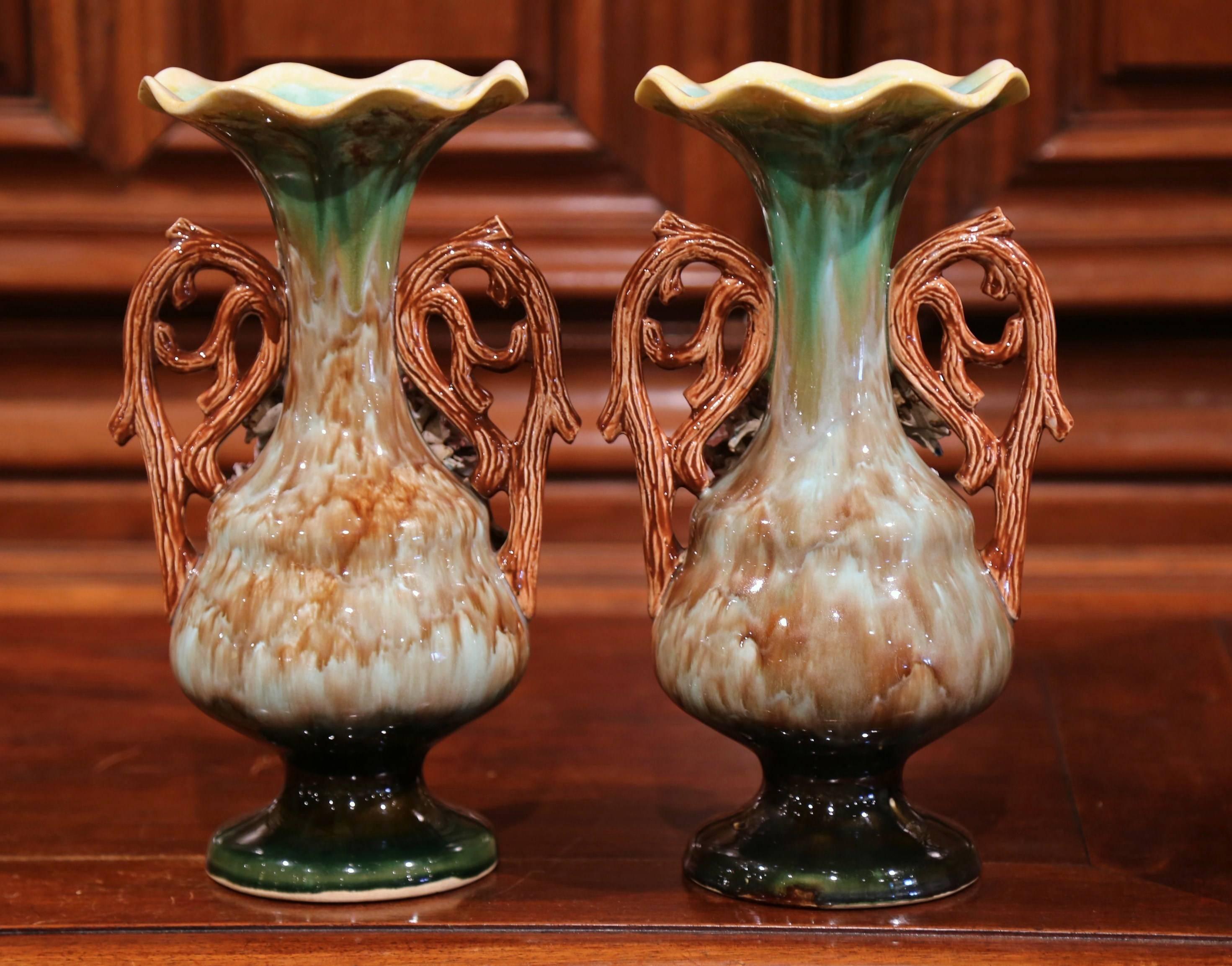 Pair of 19th Century French Hand-Painted Barbotine Vases with Flowers and Leaves 4