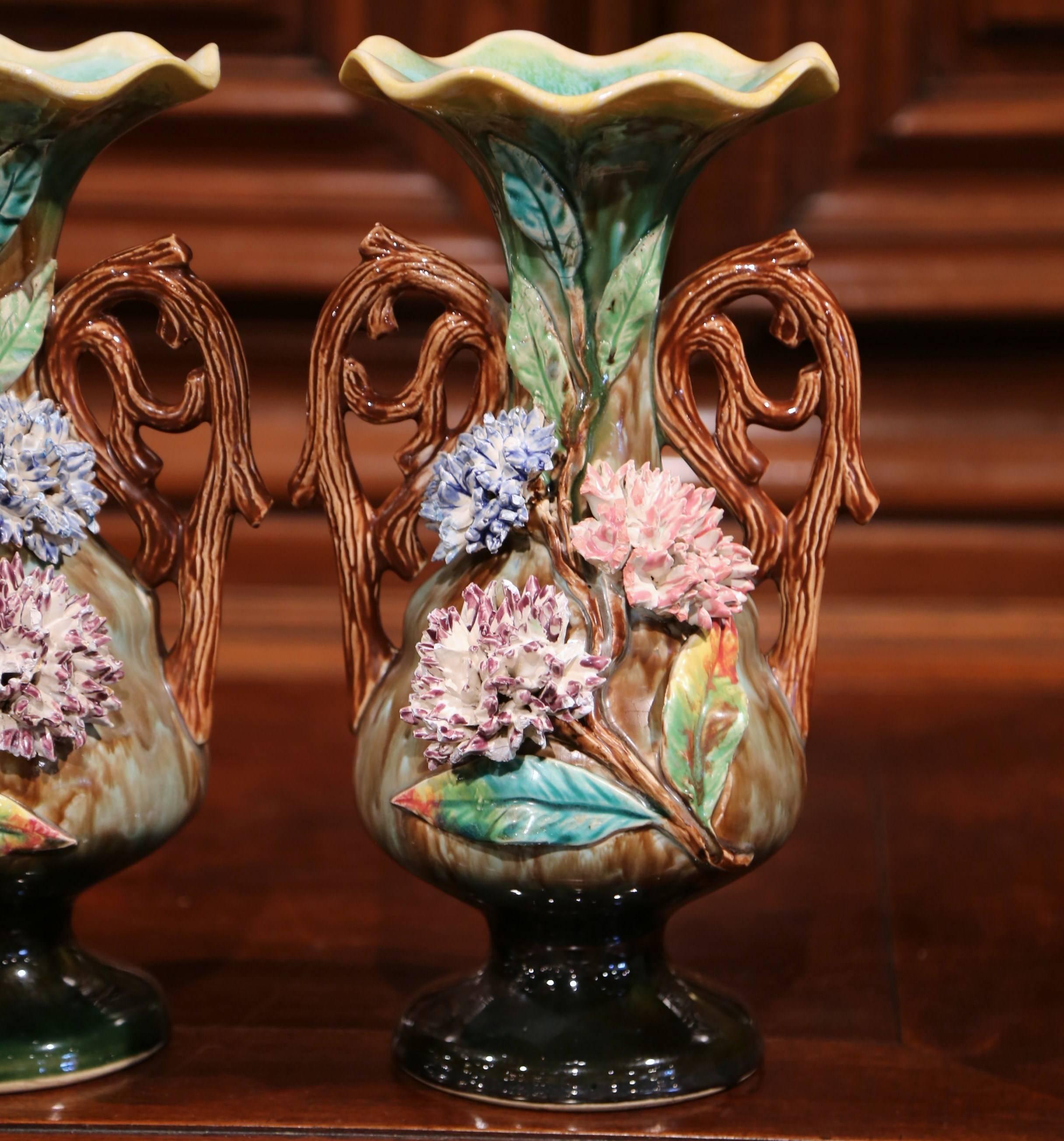 Ceramic Pair of 19th Century French Hand-Painted Barbotine Vases with Flowers and Leaves