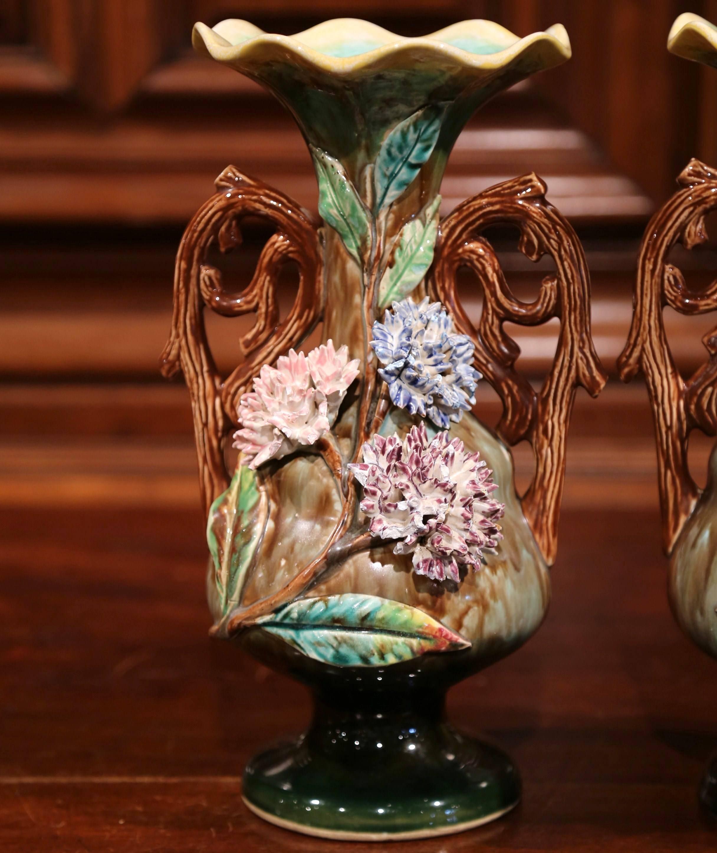 Pair of 19th Century French Hand-Painted Barbotine Vases with Flowers and Leaves In Good Condition In Dallas, TX