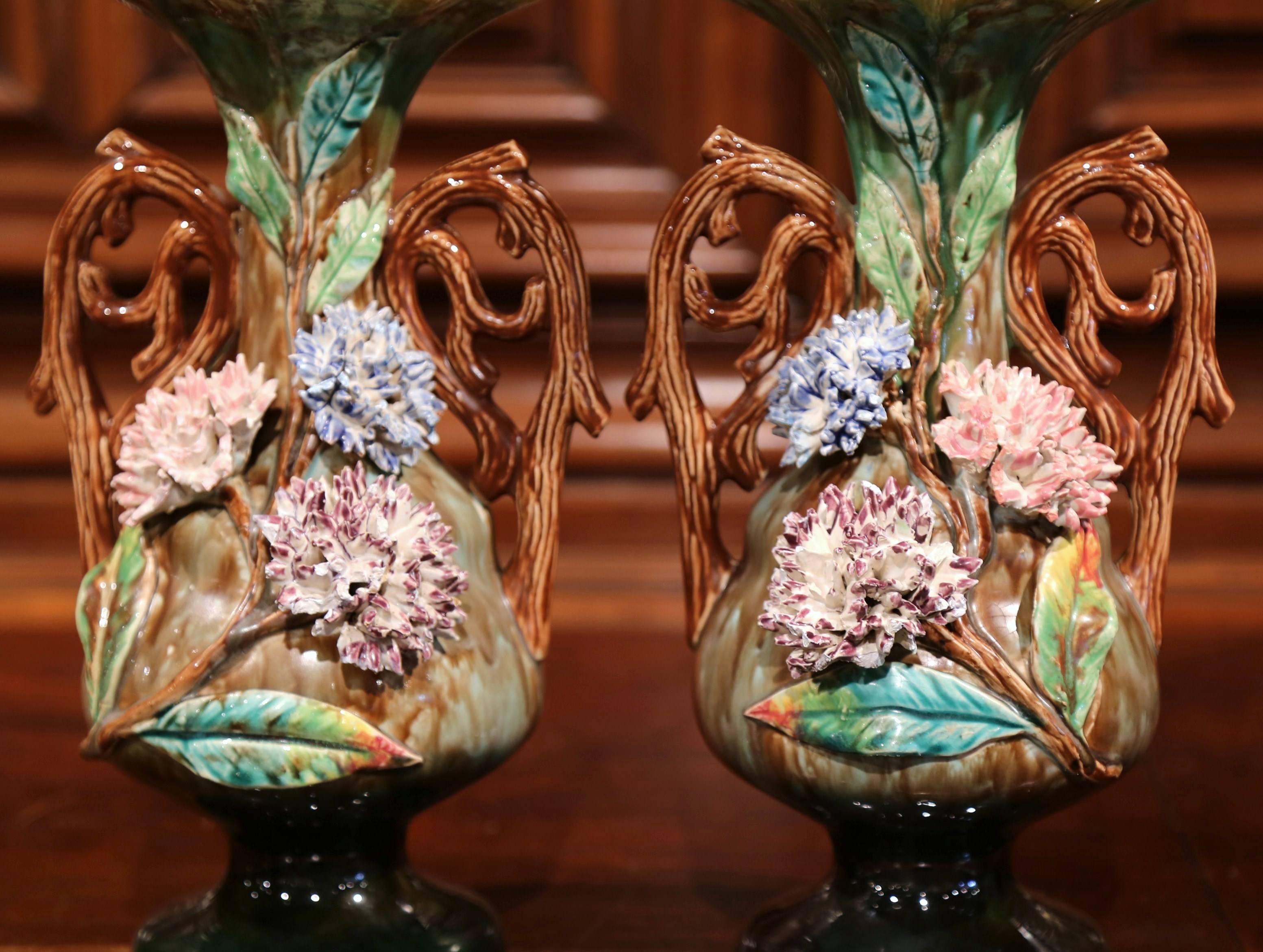 Hand-Crafted Pair of 19th Century French Hand-Painted Barbotine Vases with Flowers and Leaves