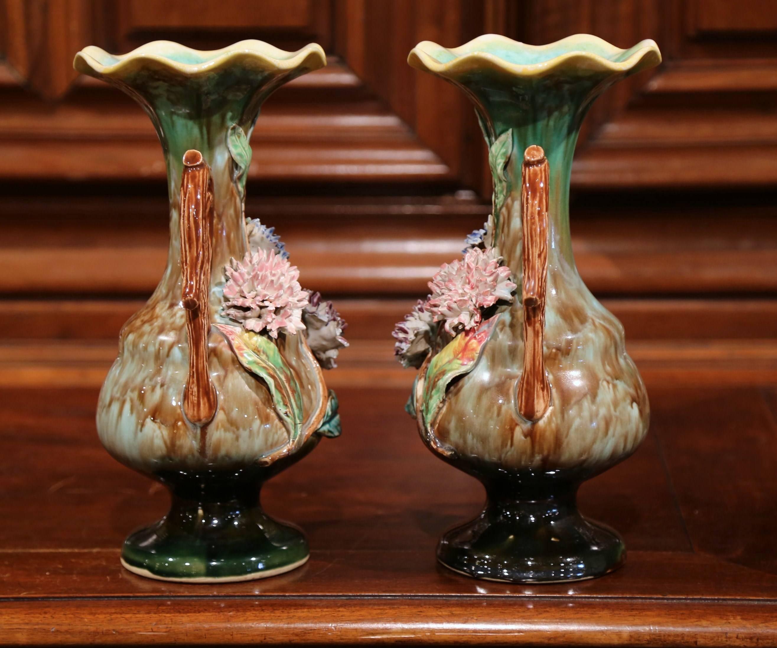 Pair of 19th Century French Hand-Painted Barbotine Vases with Flowers and Leaves 3