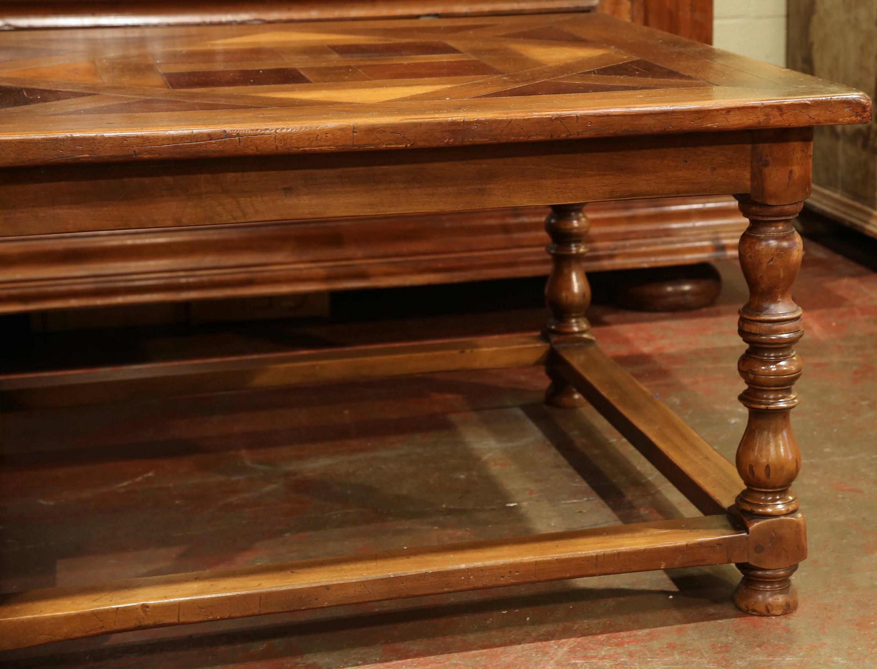 Cherry Large French Carved Walnut Coffee Table with Parquet Top over Six Turned Legs
