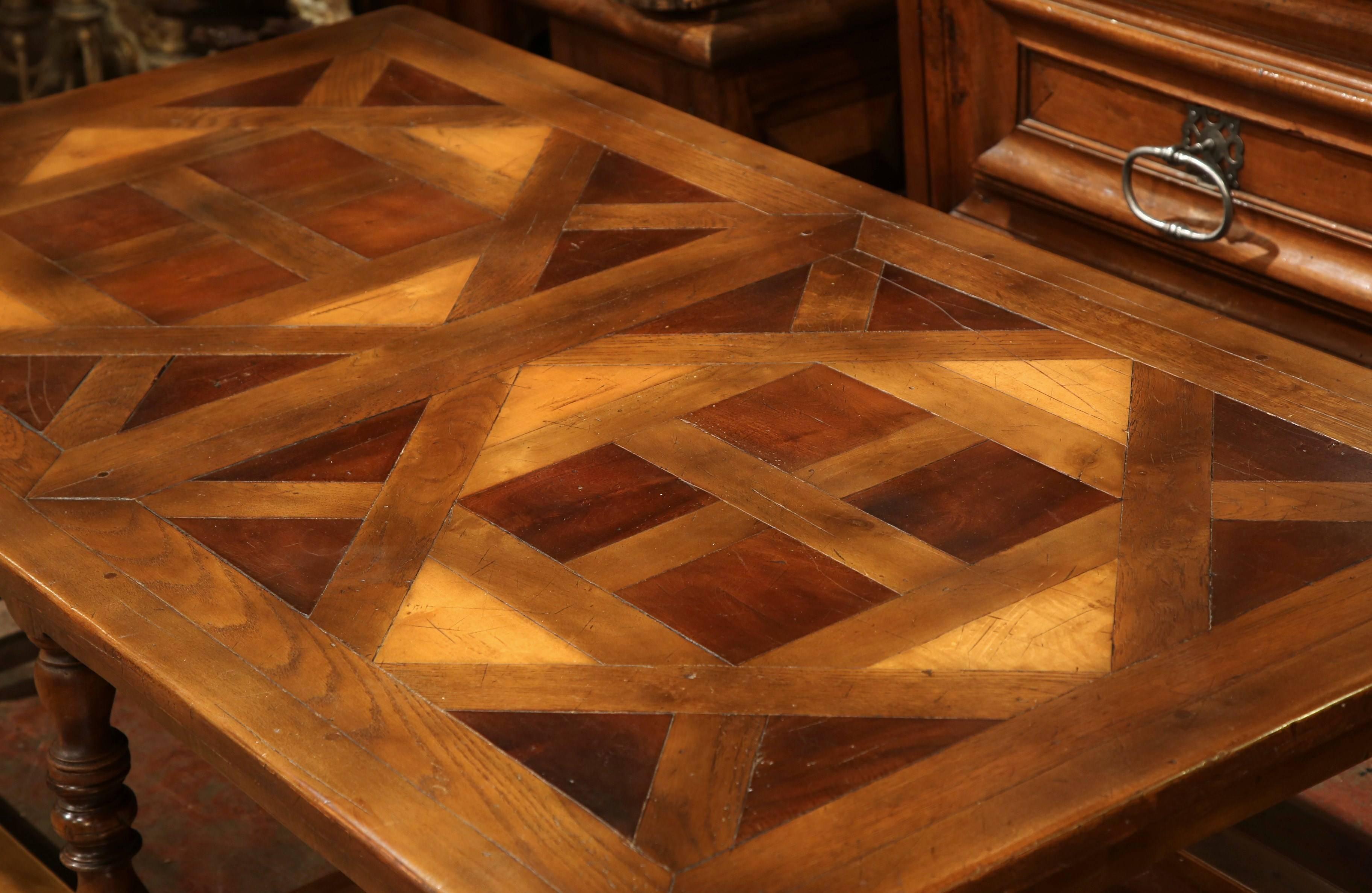 Large French Carved Walnut Coffee Table with Parquet Top over Six Turned Legs 1