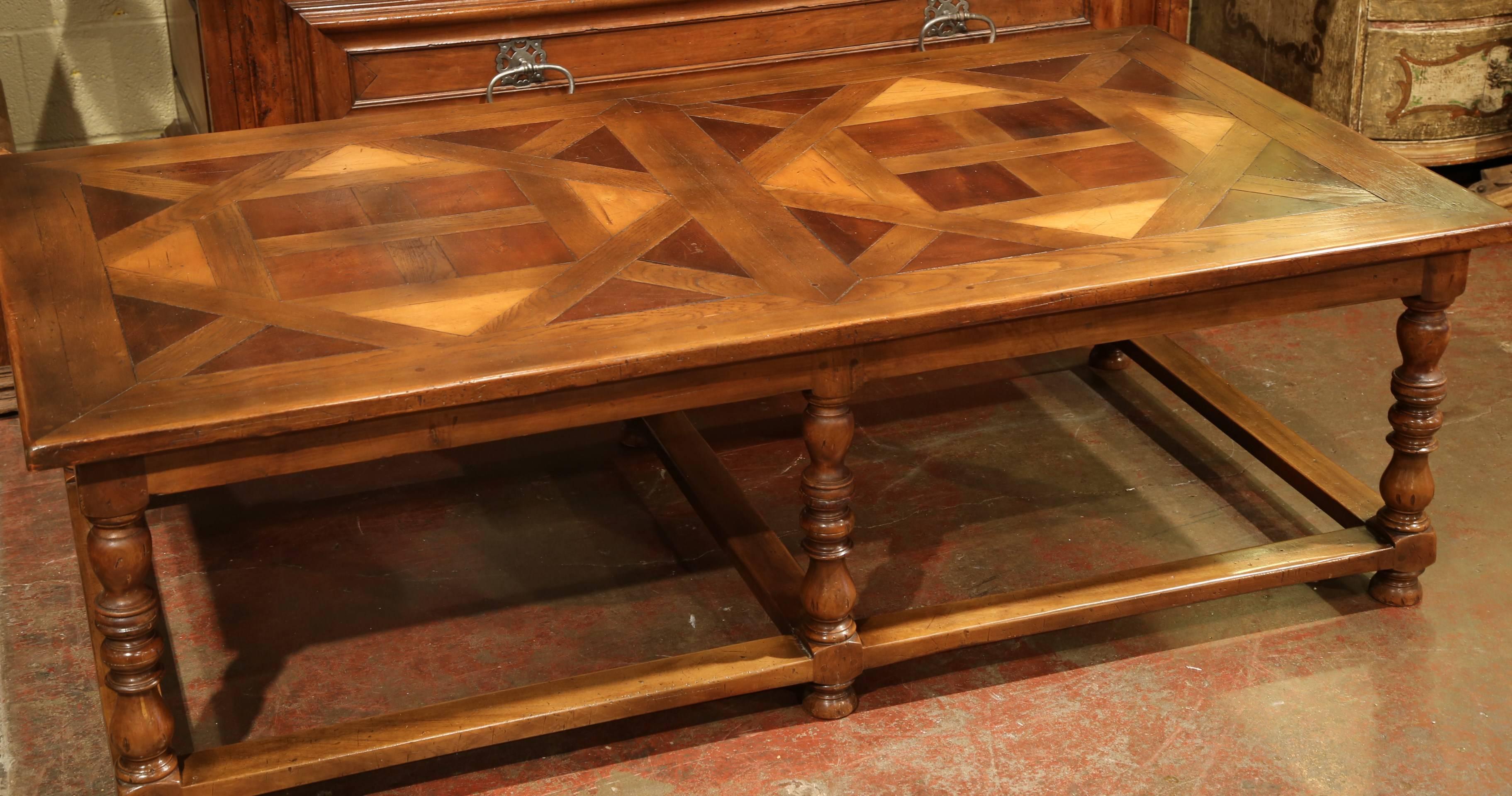 Hand-Carved Large French Carved Walnut Coffee Table with Parquet Top over Six Turned Legs