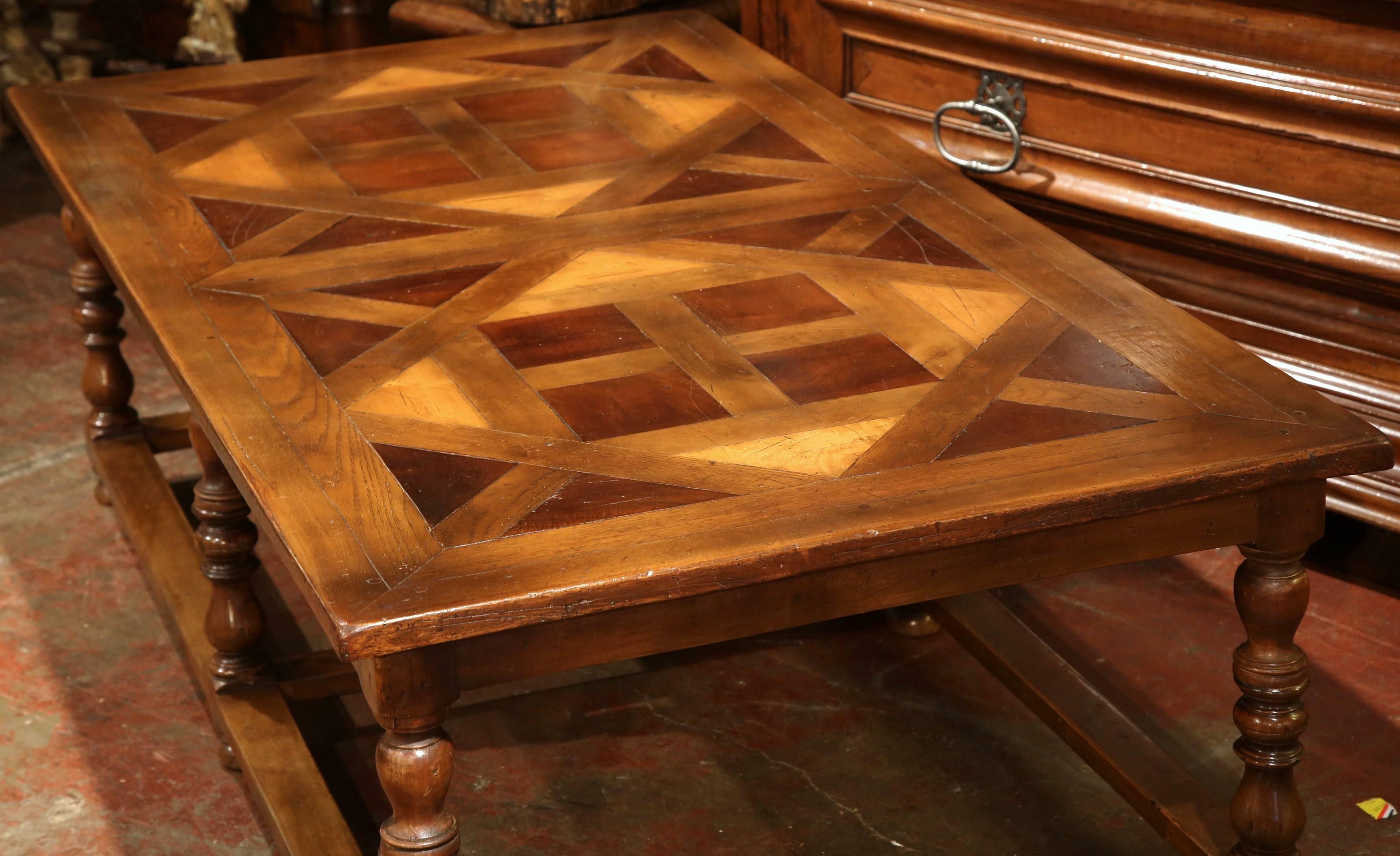 Louis XIII Large French Carved Walnut Coffee Table with Parquet Top over Six Turned Legs