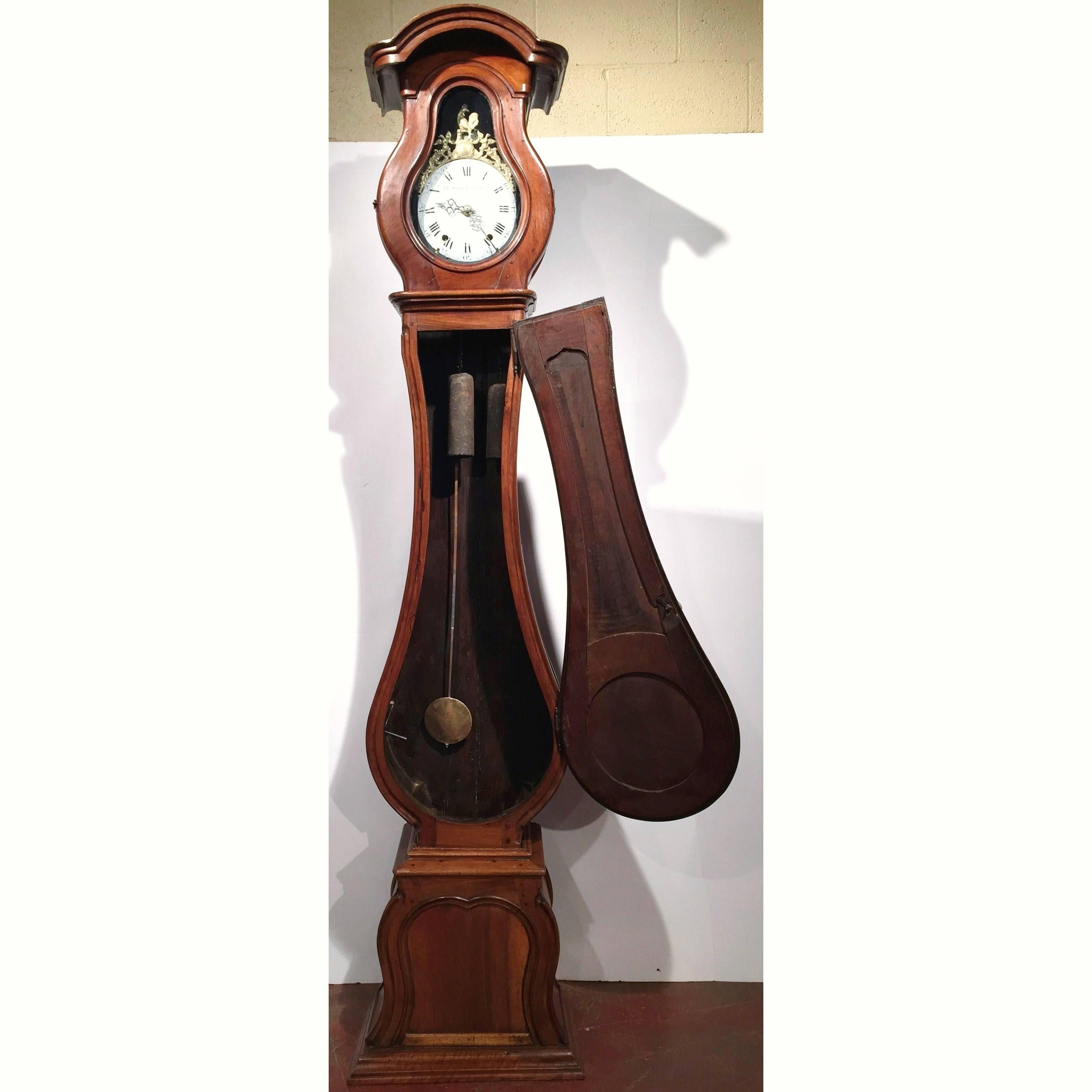 Hand-Carved 18th Century French Louis XV Carved Walnut Tall Case Clock from Lyon
