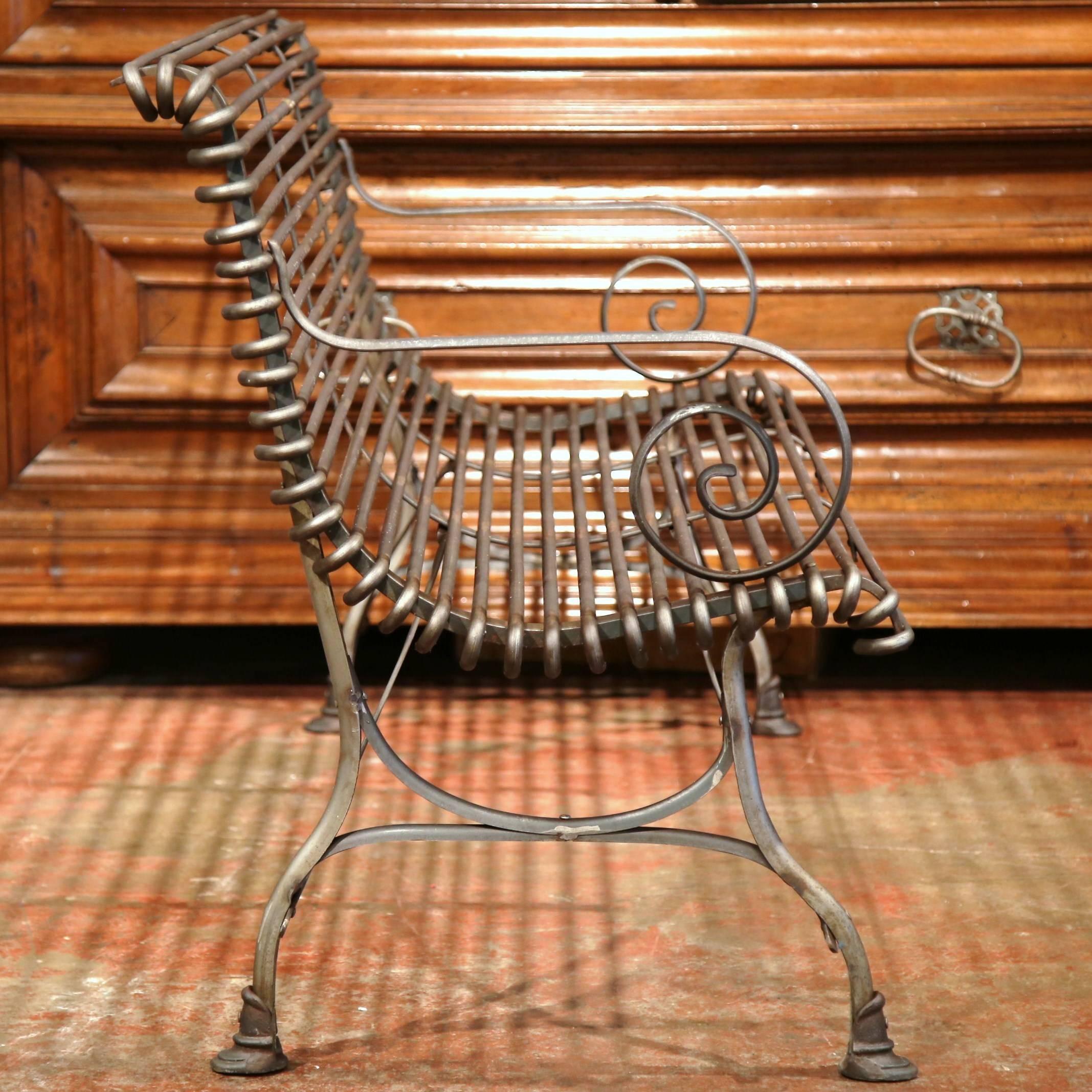French Polished Iron Bench with Scrolled Arms and Hoof Feet Signed Sauveur Arras 4