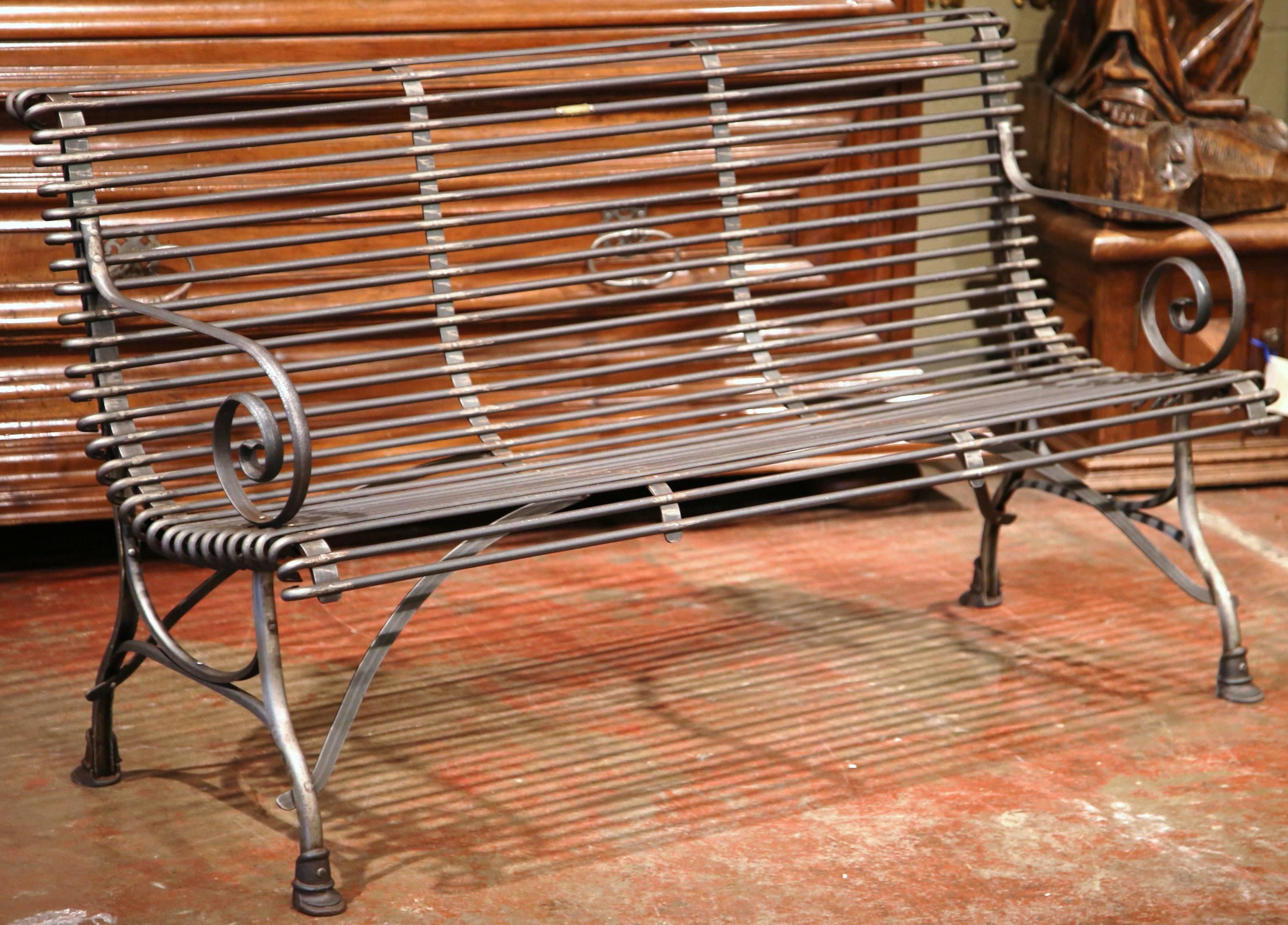 French Polished Iron Bench with Scrolled Arms and Hoof Feet Signed Sauveur Arras 3