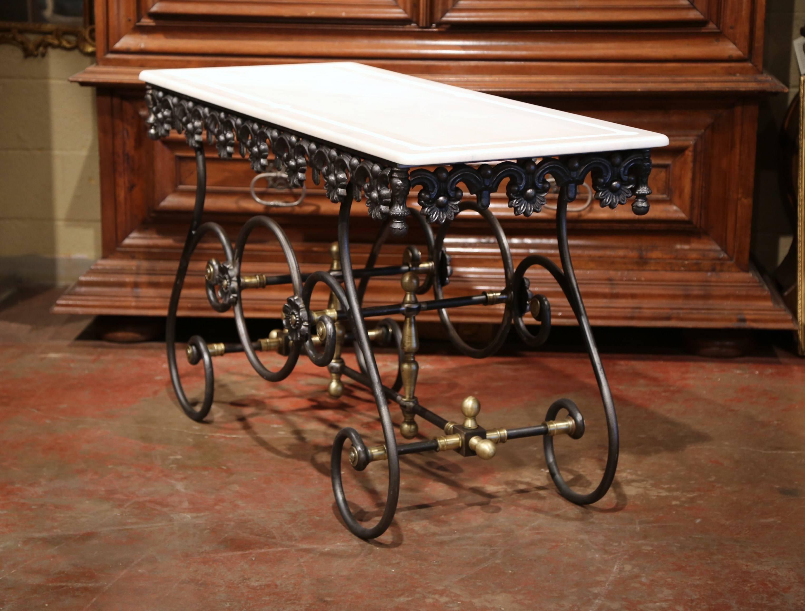Polished Iron Butcher Pastry Table with Marble Top and Brass Finials from France 1