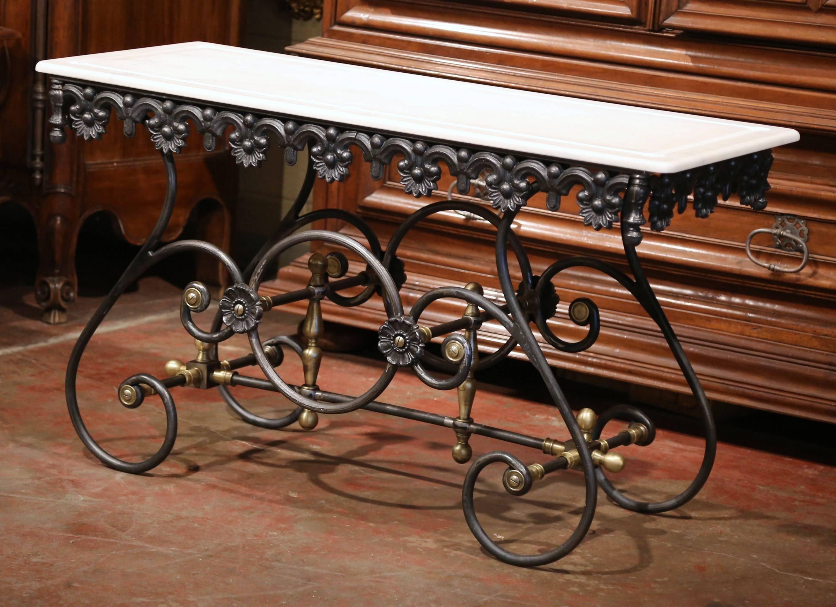 Contemporary Polished Iron Butcher Pastry Table with Marble Top and Brass Finials from France