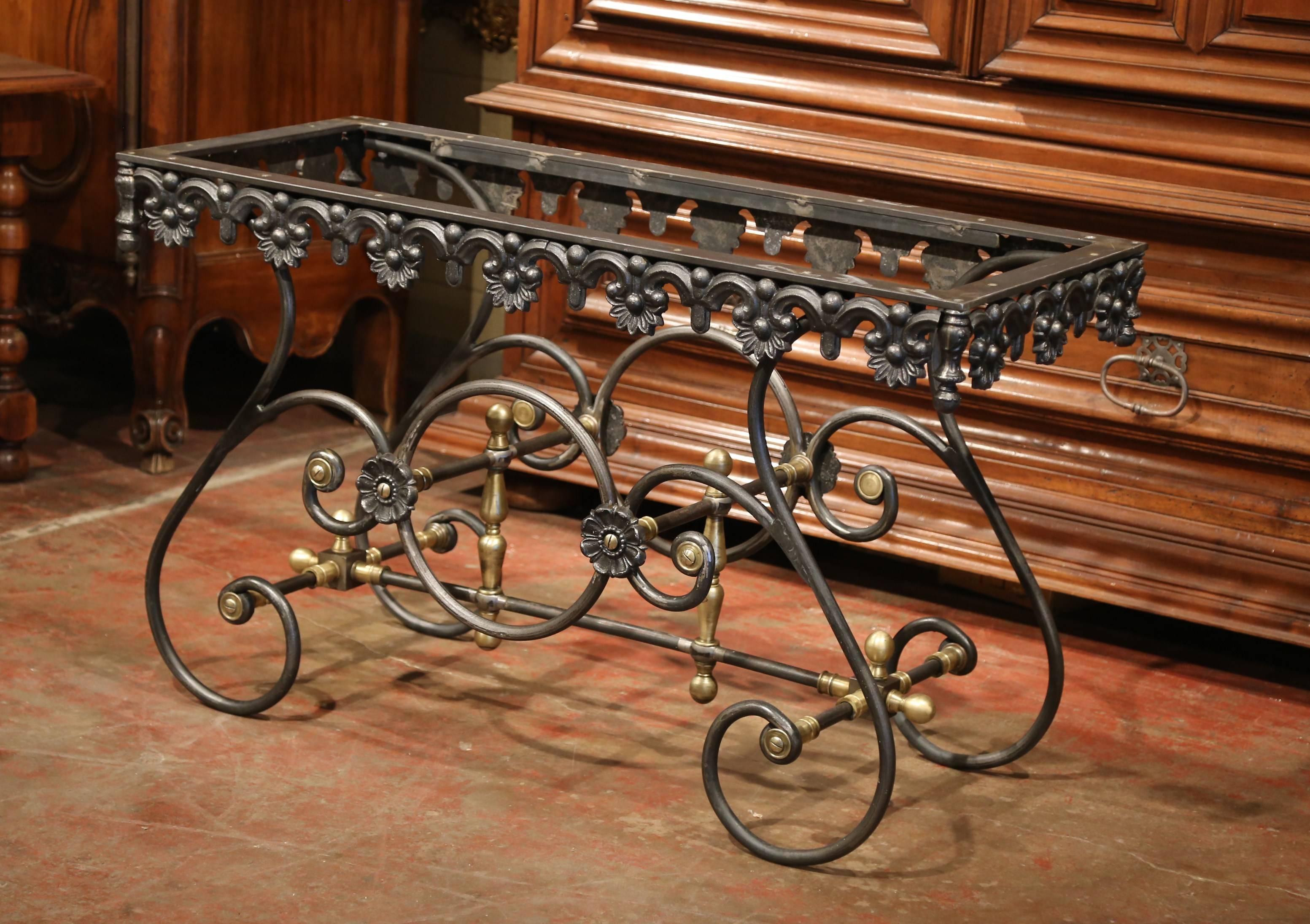 Polished Iron Butcher Pastry Table with Marble Top and Brass Finials from France 3