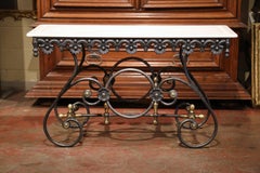 Polished Iron Butcher Pastry Table with Marble Top and Brass Finials from France