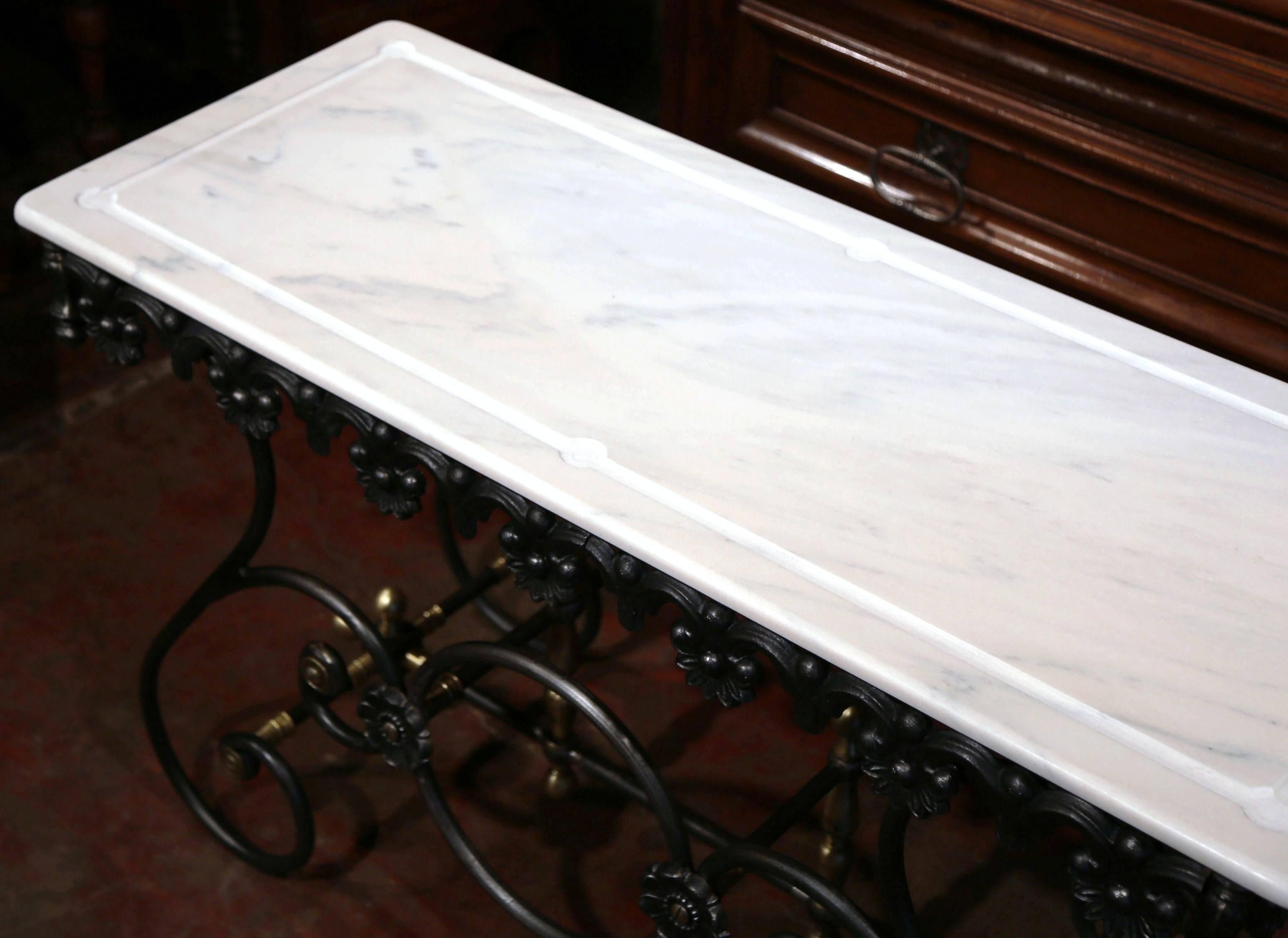 Polished Iron Butcher Pastry Table with Marble Top and Brass Finials from France In Excellent Condition In Dallas, TX