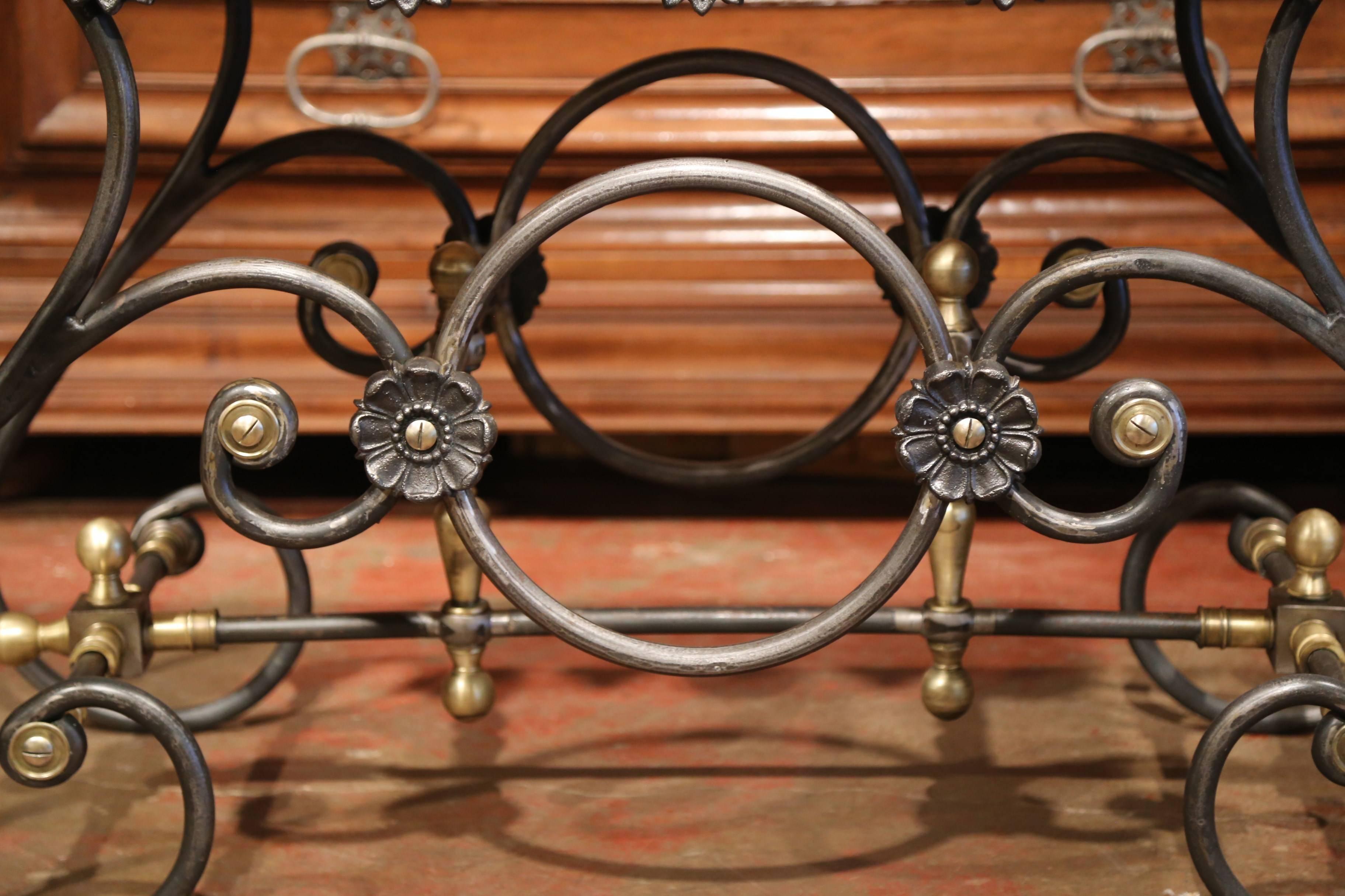 French Polished Iron Butcher Pastry Table with Marble Top and Brass Finials from France