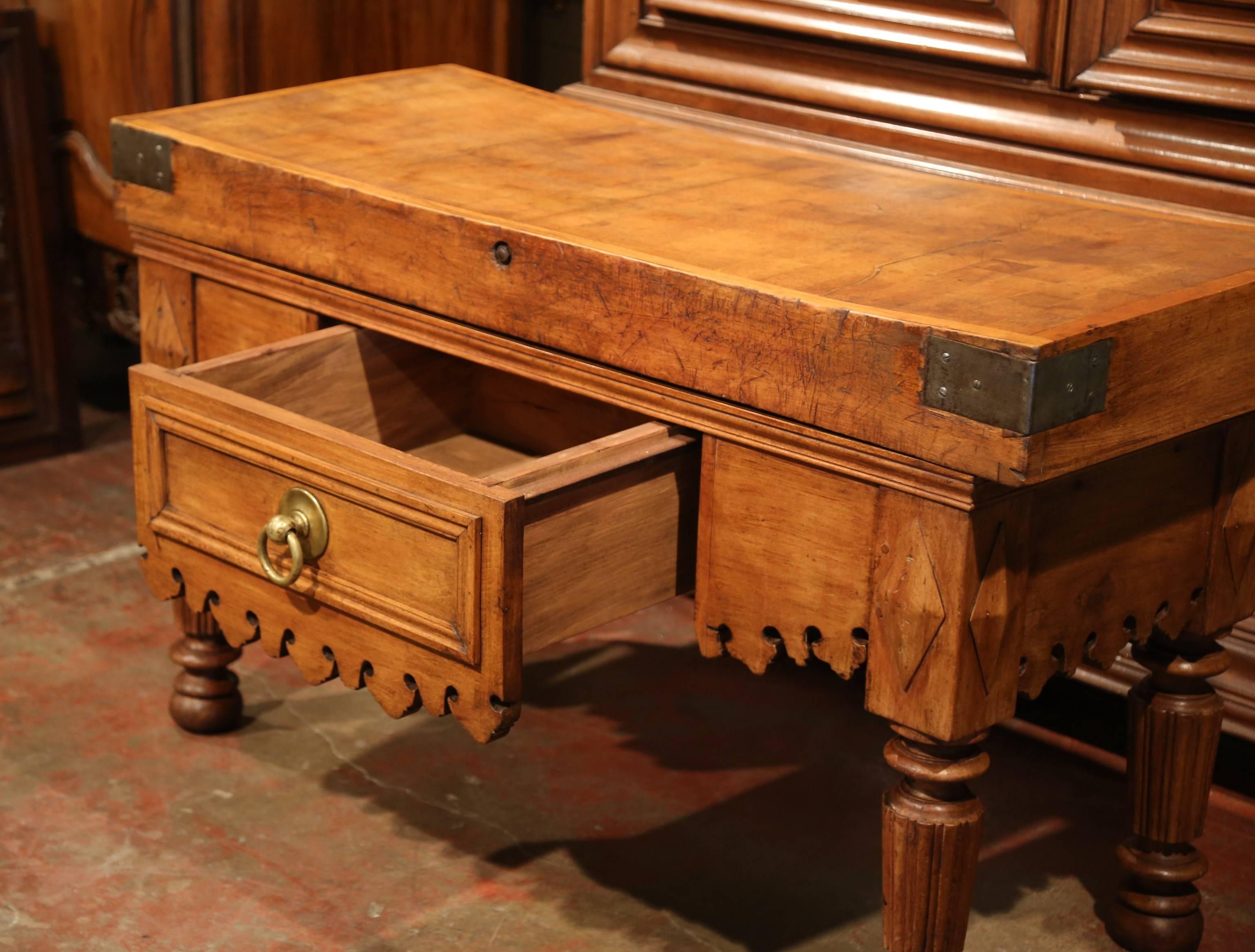 19th Century French Carved Butcher Block Table with Centre Drawer and Brass Pull 1
