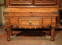 19th Century French Carved Butcher Block Table with Centre Drawer and Brass Pull