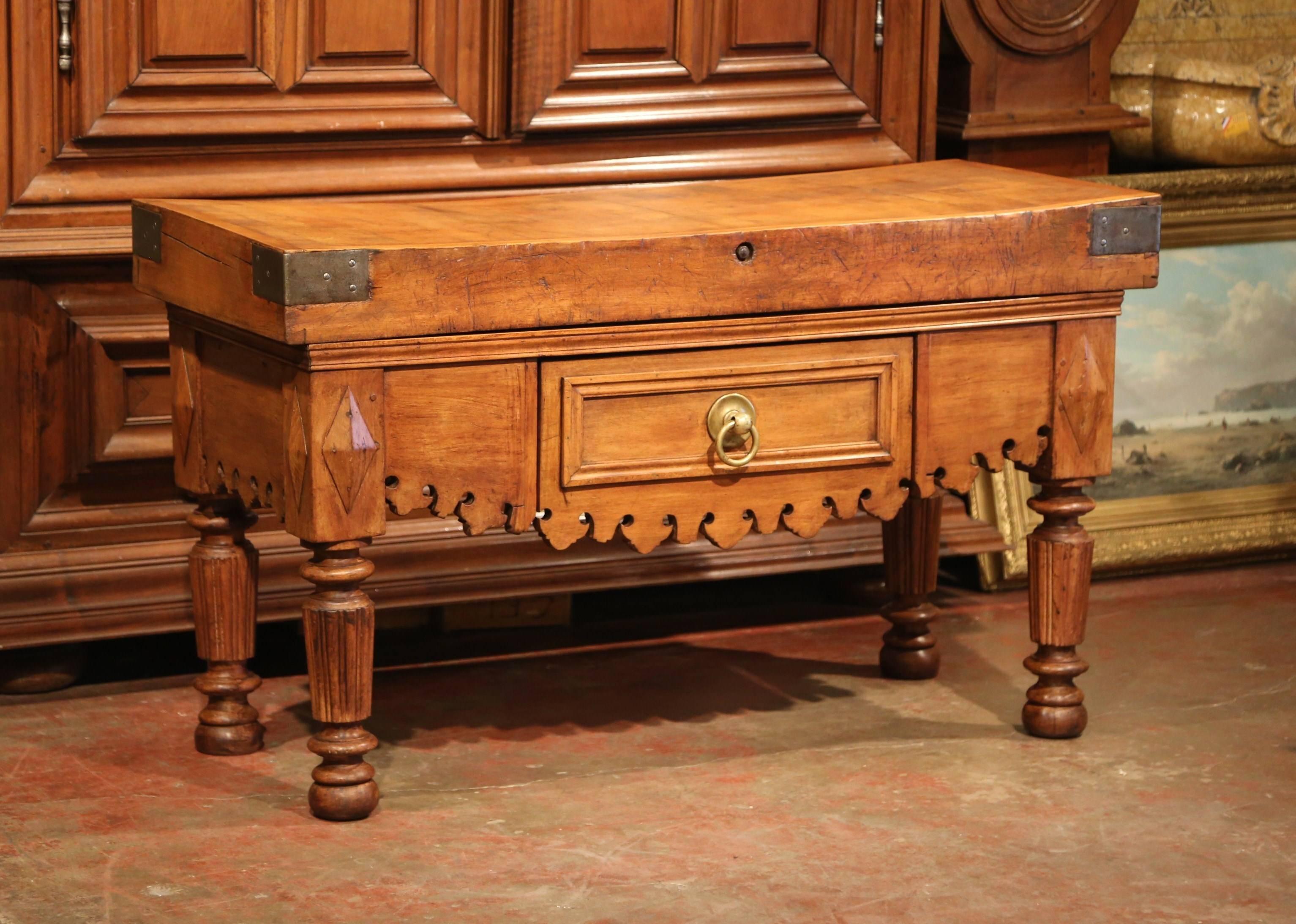 Hand-Carved 19th Century French Carved Butcher Block Table with Centre Drawer and Brass Pull