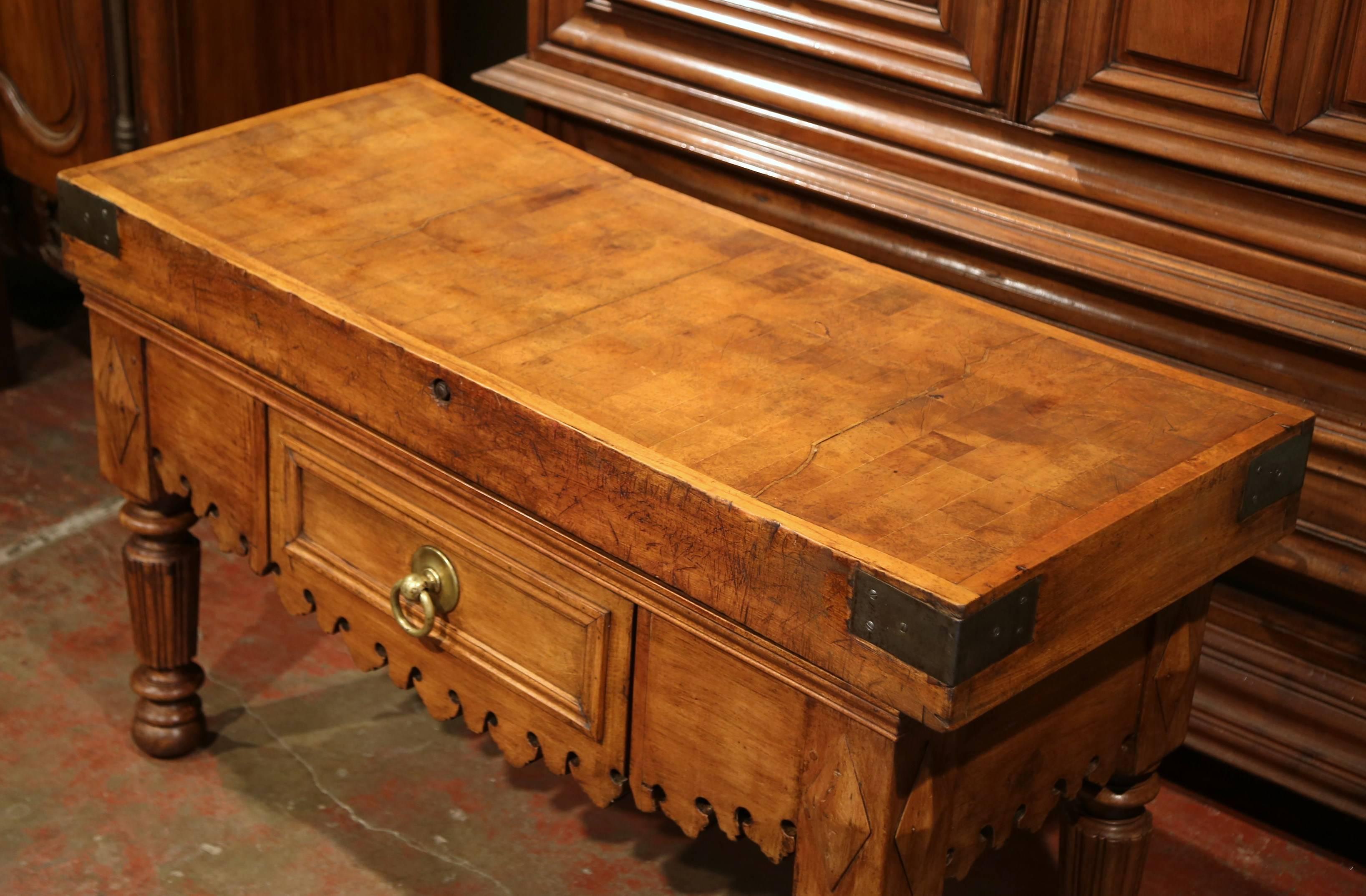 19th Century French Carved Butcher Block Table with Centre Drawer and Brass Pull In Excellent Condition In Dallas, TX