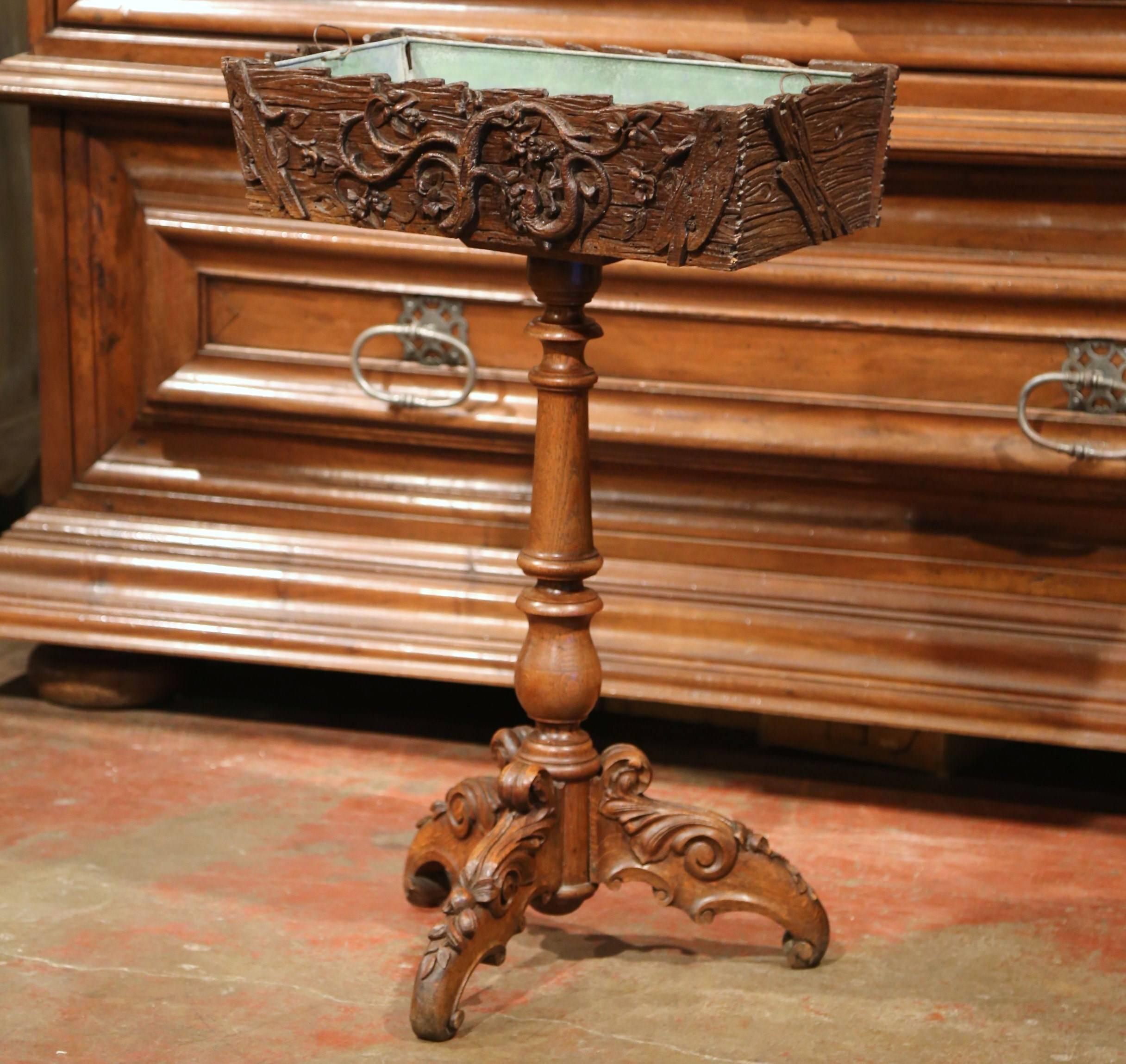 19th Century French Carved Walnut Black Forest Pedestal Jardinière with Liner In Excellent Condition In Dallas, TX