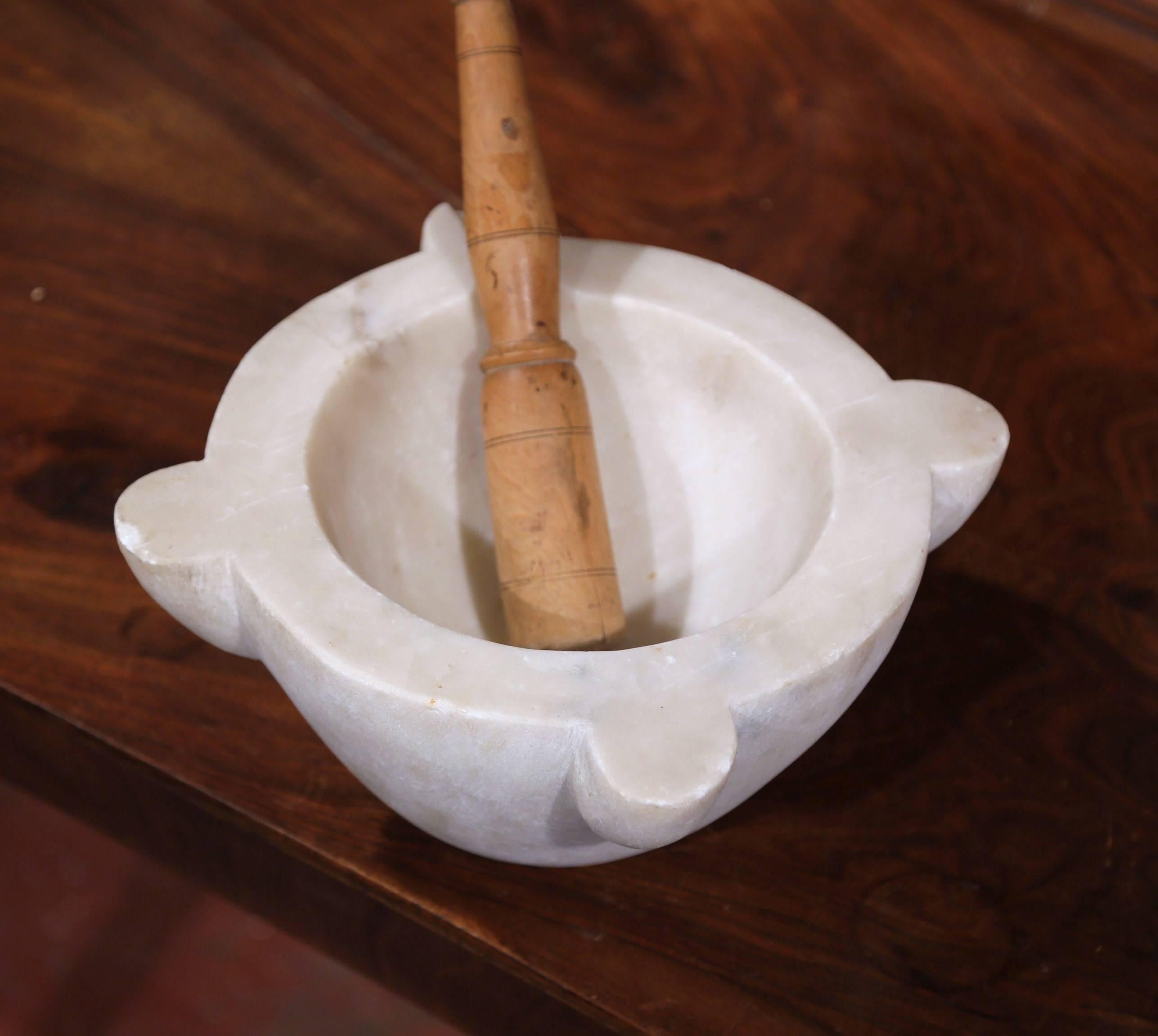 Hand-Carved 19th Century French White Marble Round Mortar with Wooden Pestle