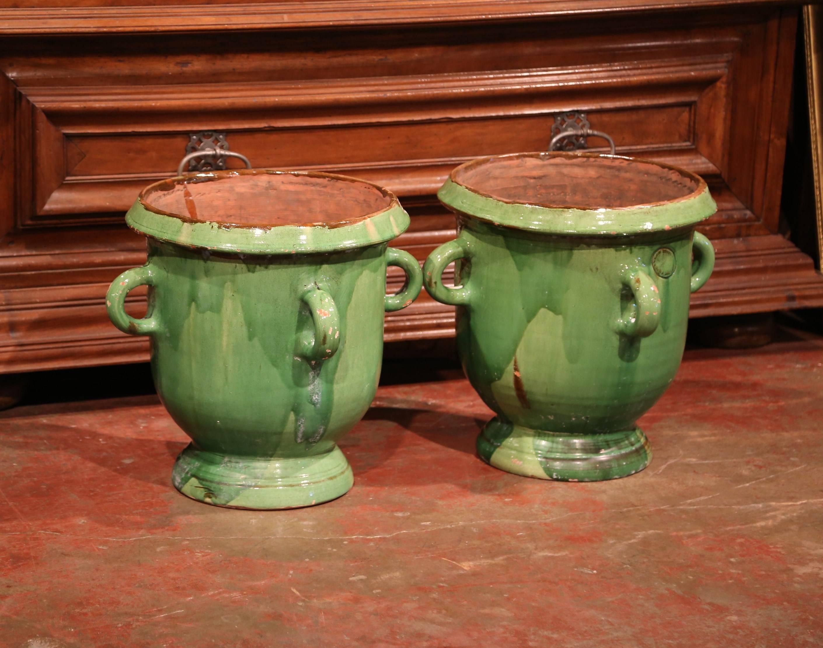 Pair of Mid-20th Century French Glazed Green Planters with Handles from Provence 2