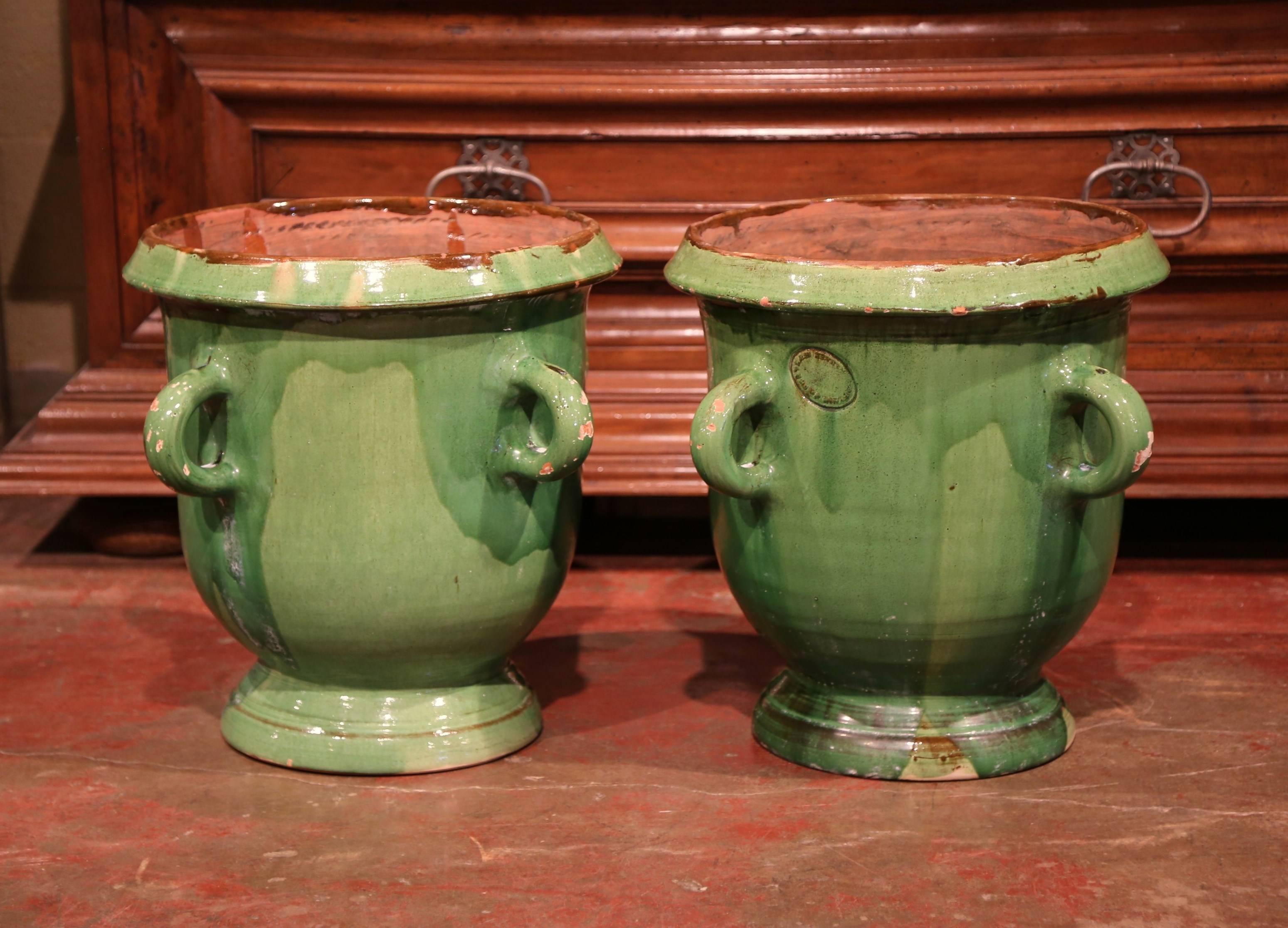 Earthenware Pair of Mid-20th Century French Glazed Green Planters with Handles from Provence