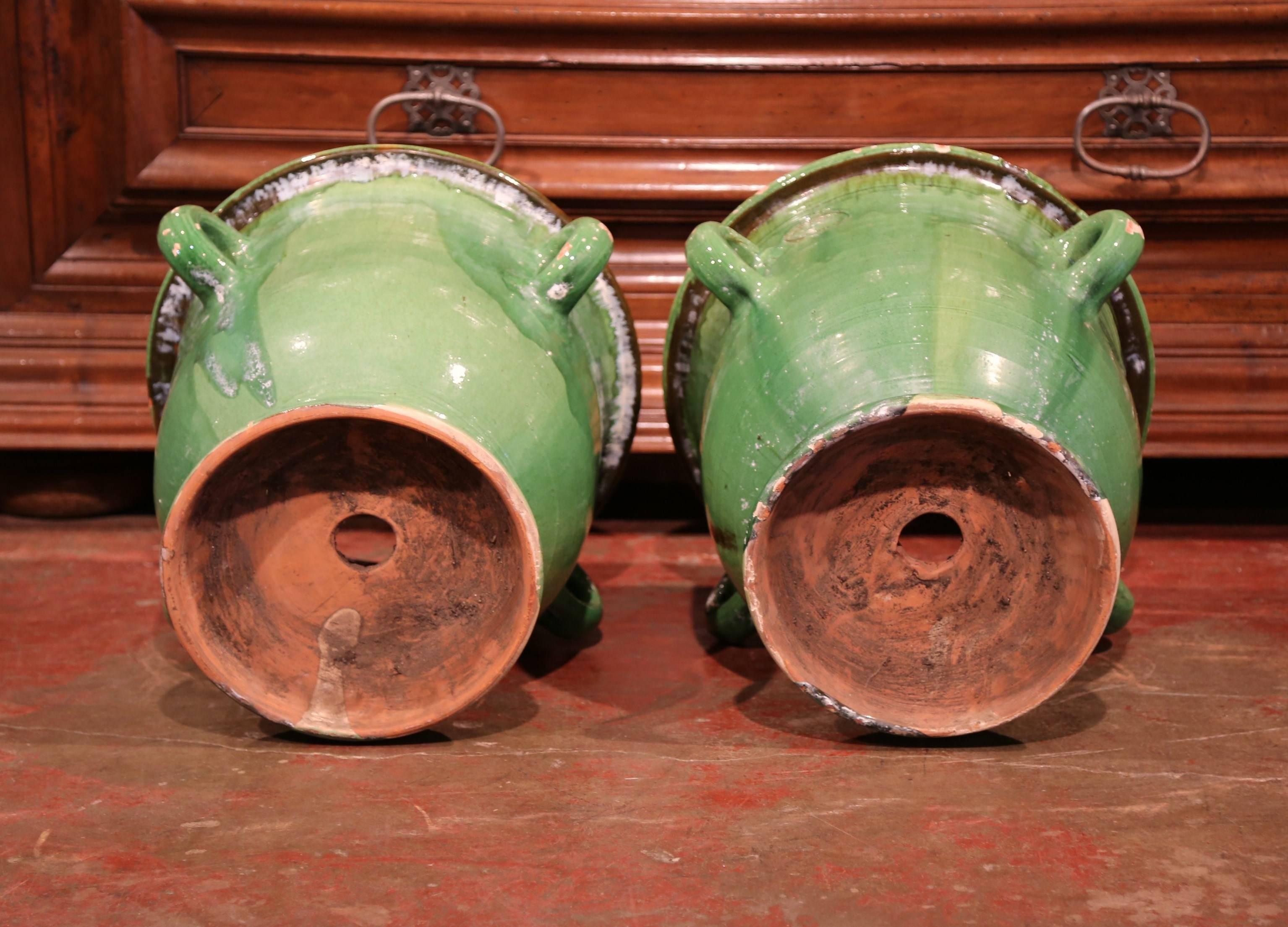 Pair of Mid-20th Century French Glazed Green Planters with Handles from Provence 3