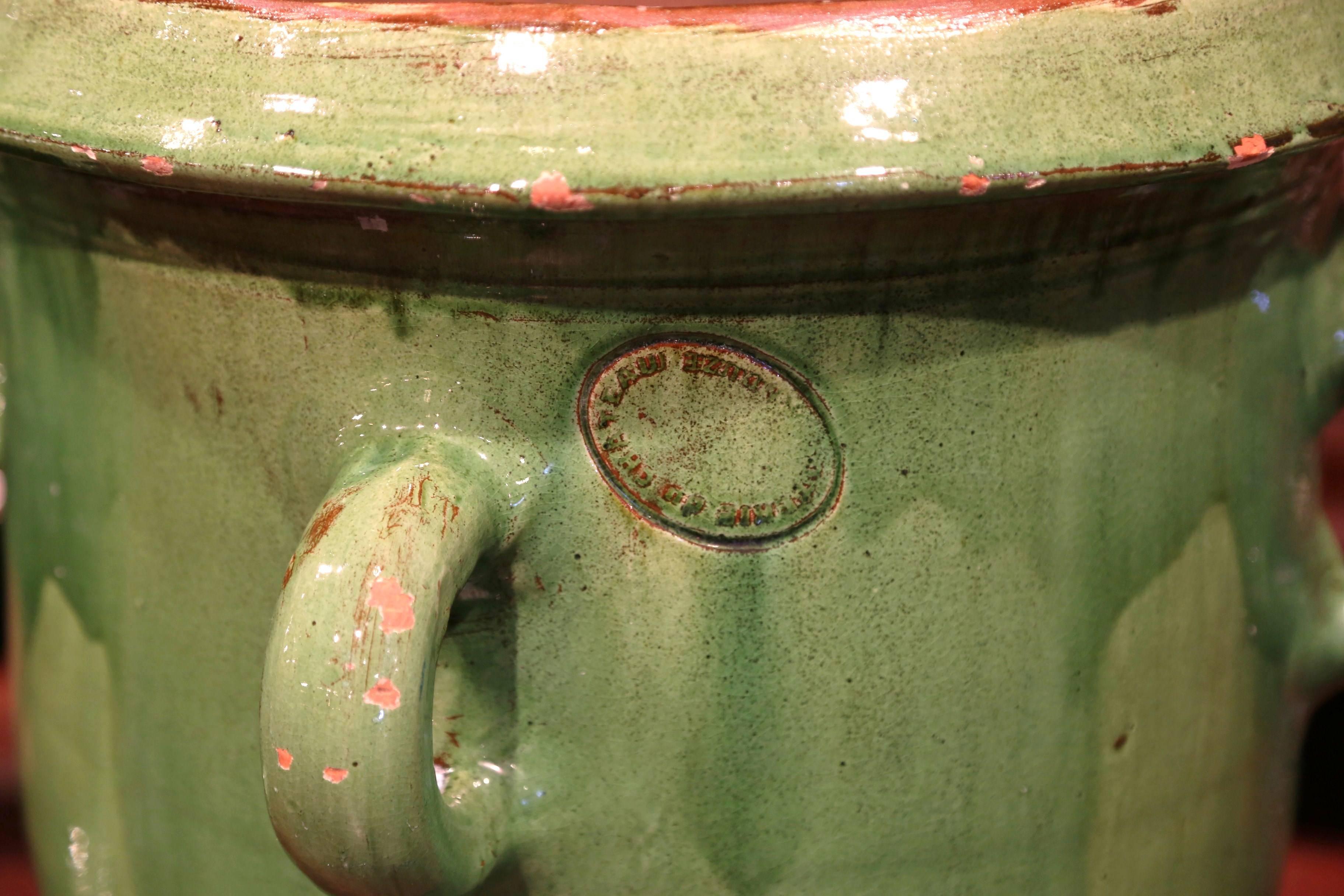 Pair of Mid-20th Century French Glazed Green Planters with Handles from Provence In Excellent Condition In Dallas, TX