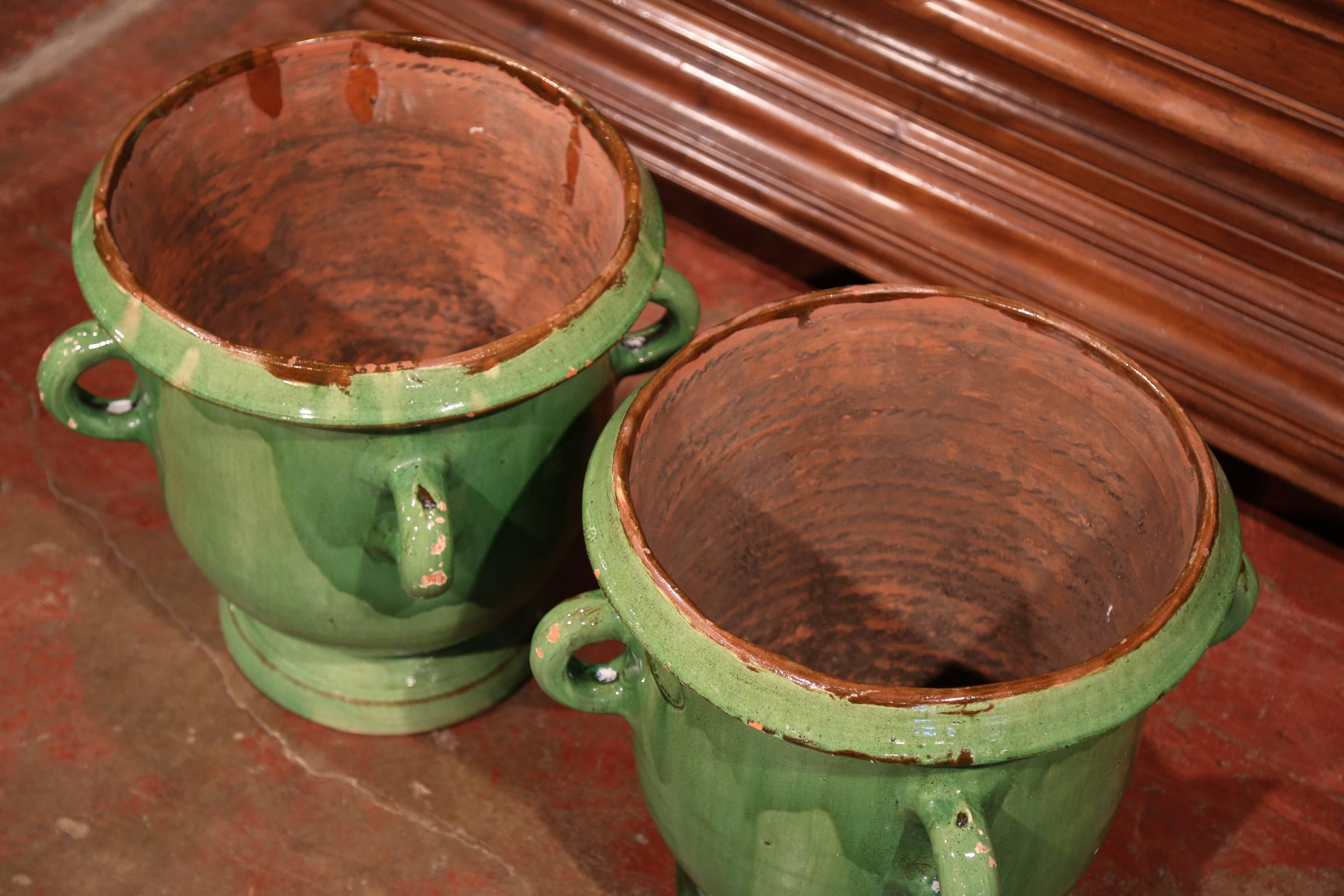 Pair of Mid-20th Century French Glazed Green Planters with Handles from Provence 1