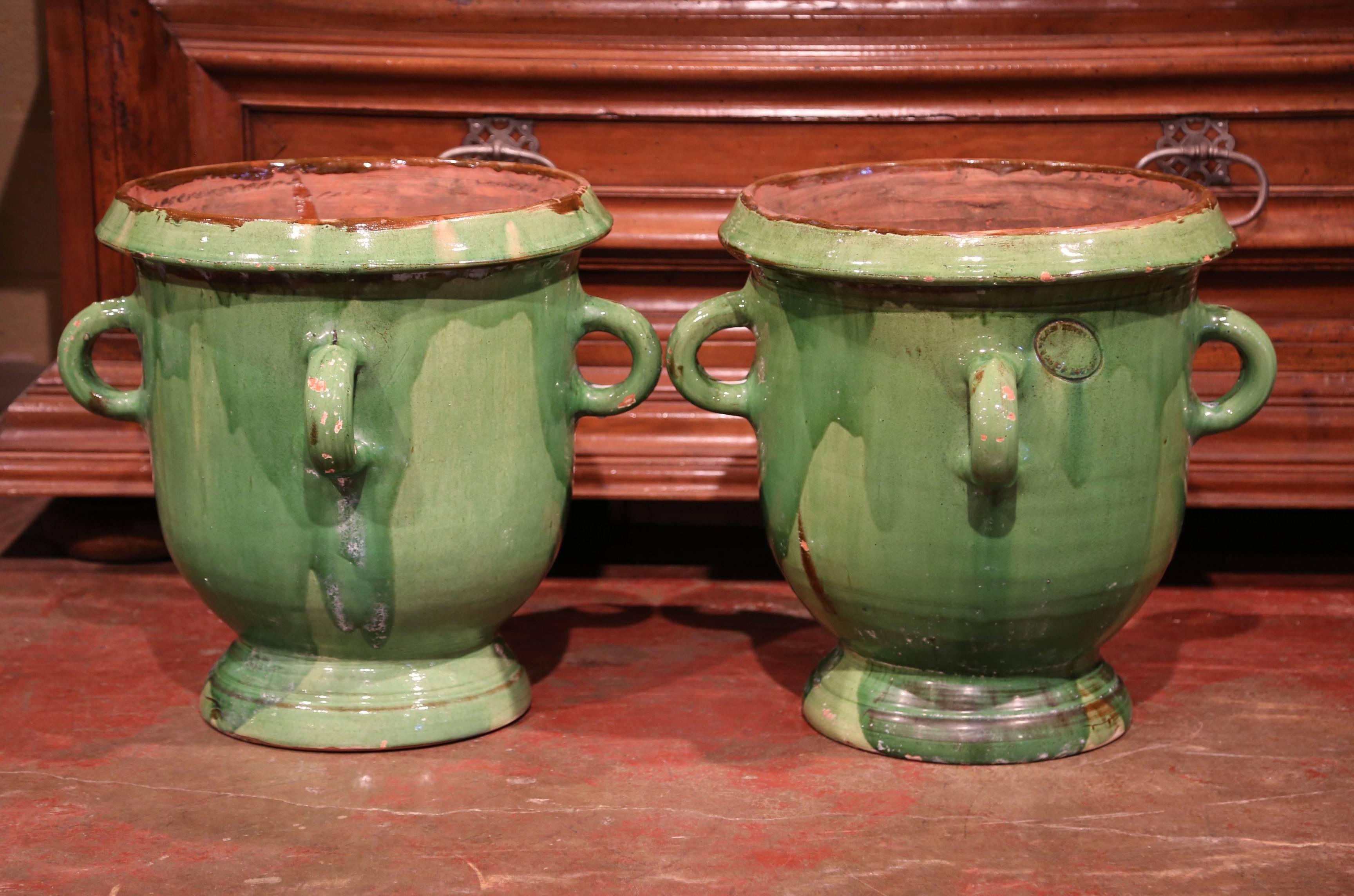 Hand-Painted Pair of Mid-20th Century French Glazed Green Planters with Handles from Provence