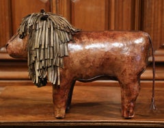 19th century English Foot Stool Lion Sculpture with Original Brown Leather