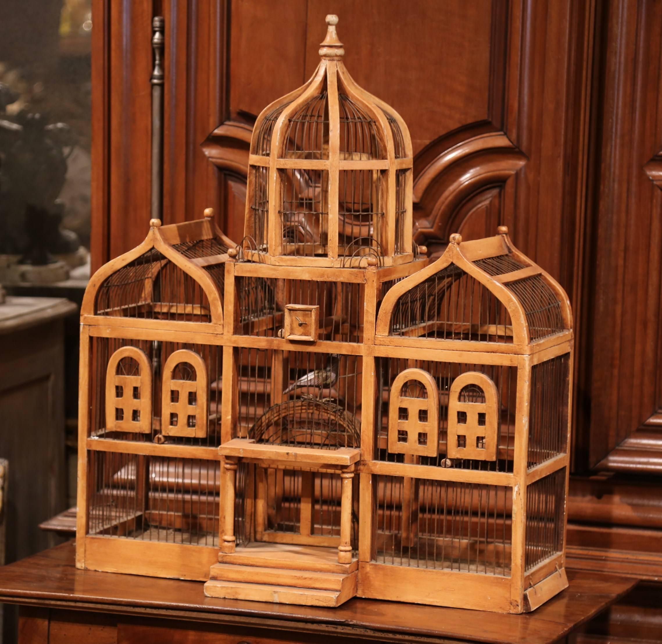 Large 19th Century French Hand-Painted Carved and Wired Birdcage with Dome Top In Excellent Condition In Dallas, TX