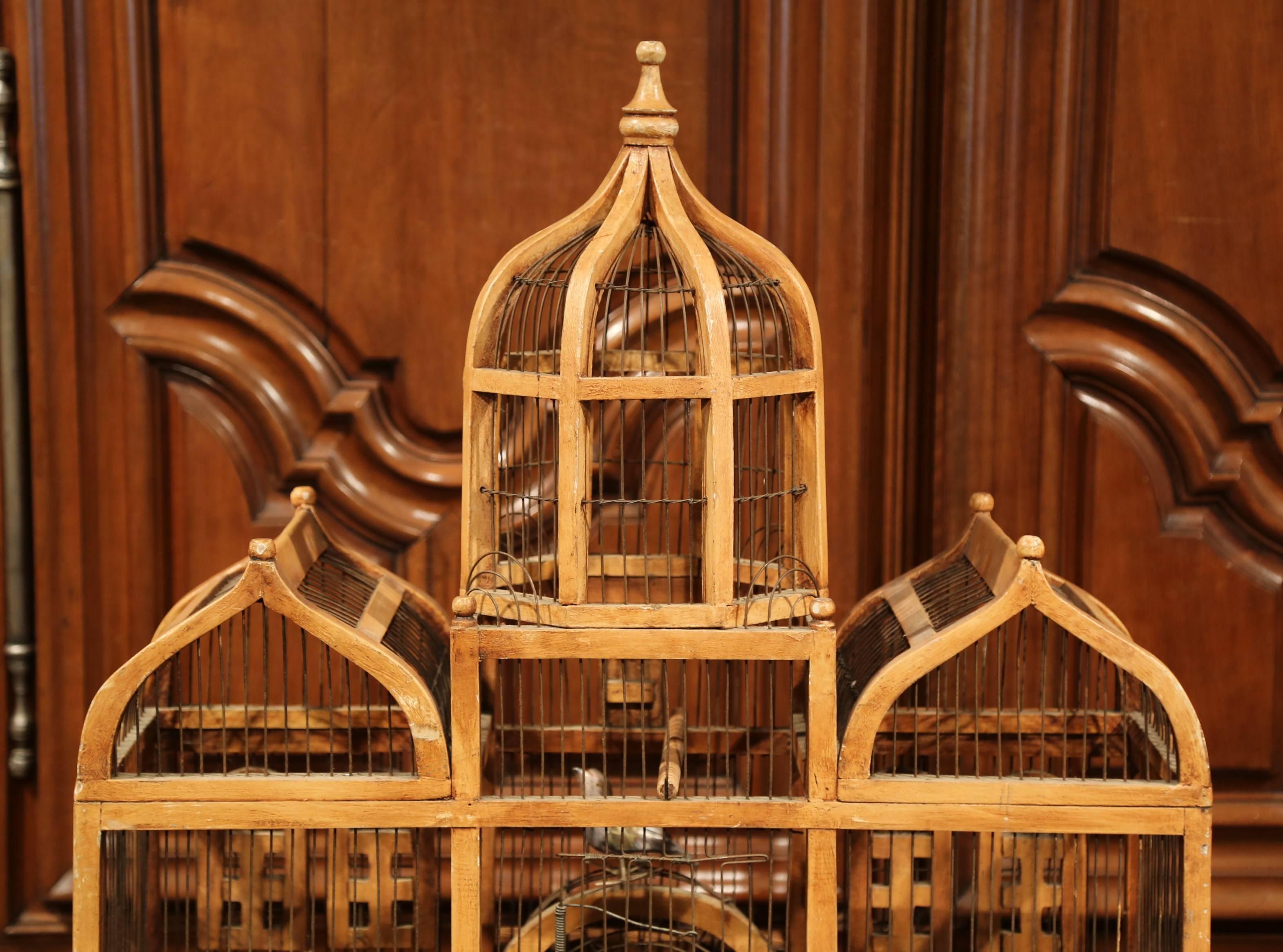 Large 19th Century French Hand-Painted Carved and Wired Birdcage with Dome Top 4