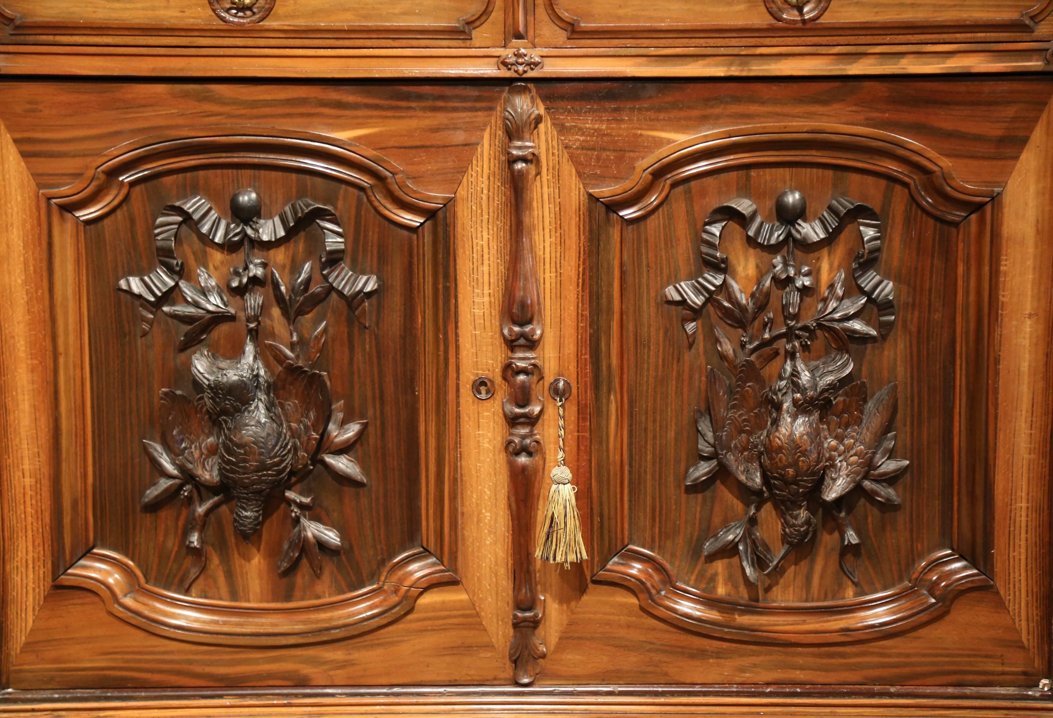 Hand-Carved 19th Century French Carved Rosewood Hunt Buffet with Deer and Bird Motifs
