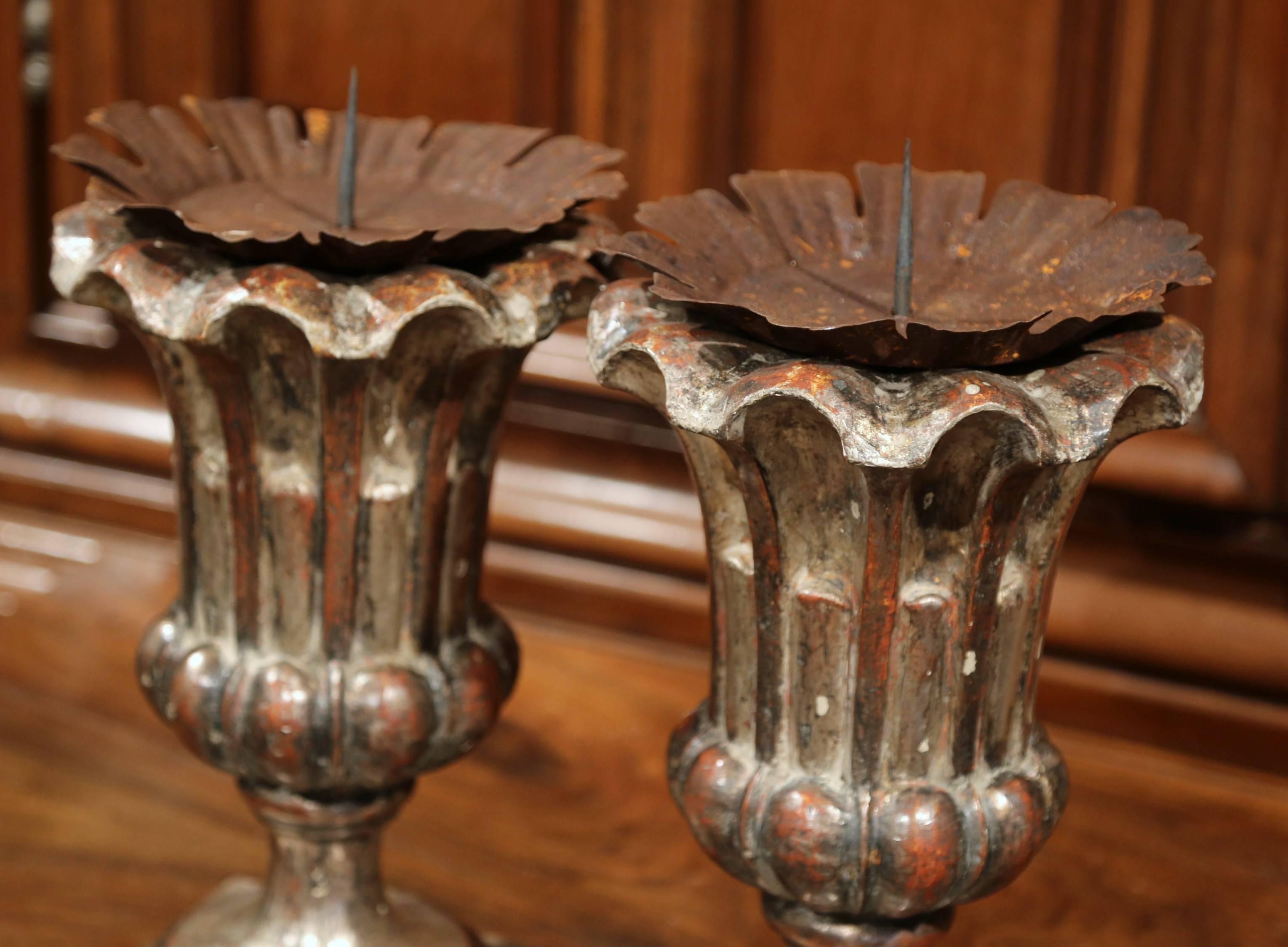 Pair of Italian Hand-Carved Silver Leaf Pricket Candlesticks with Metal Bobeches In Excellent Condition In Dallas, TX