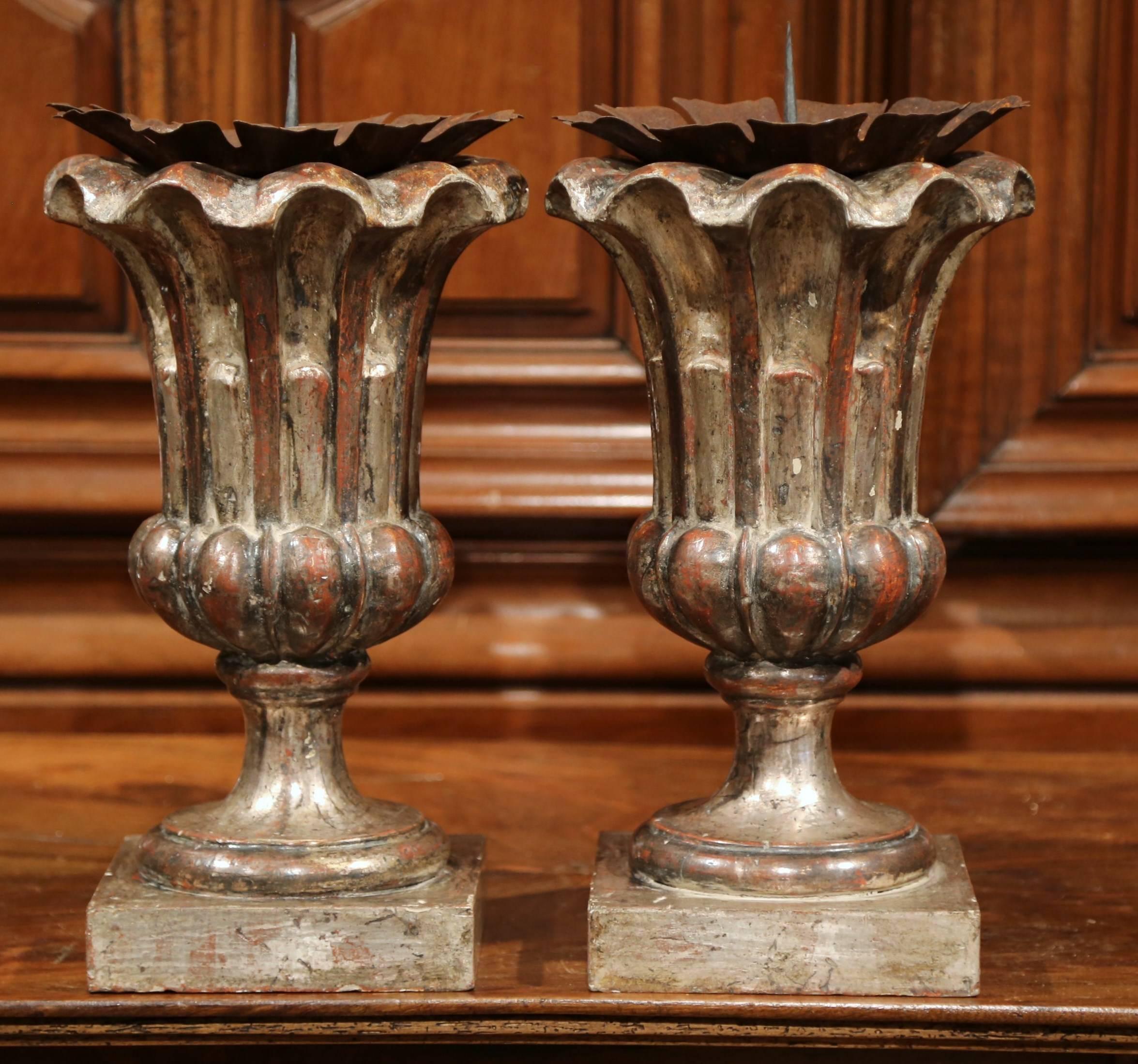 Contemporary Pair of Italian Hand-Carved Silver Leaf Pricket Candlesticks with Metal Bobeches