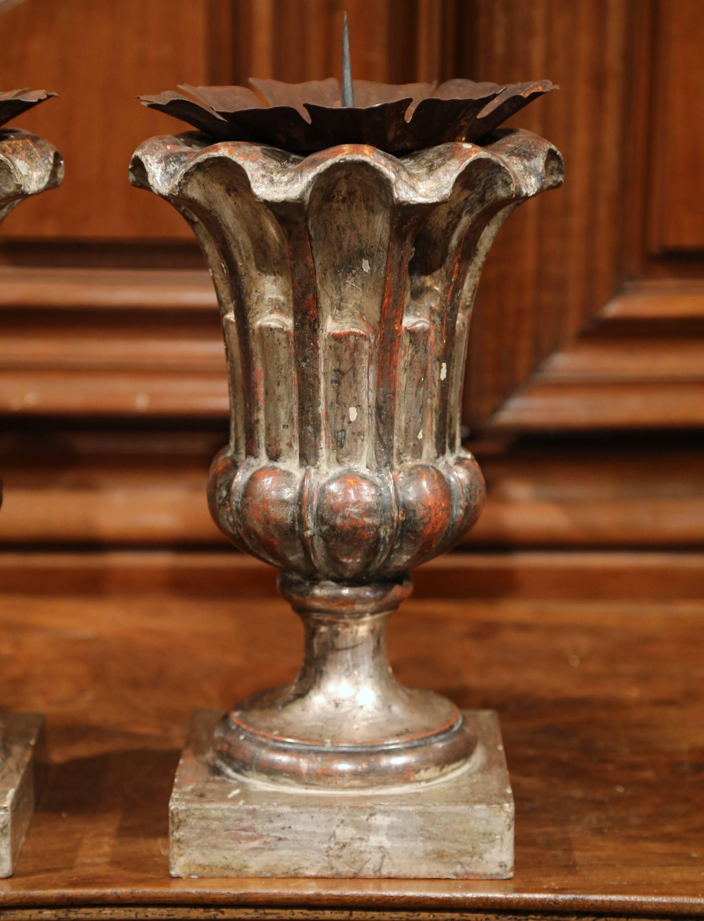 Silvered Pair of Italian Hand-Carved Silver Leaf Pricket Candlesticks with Metal Bobeches