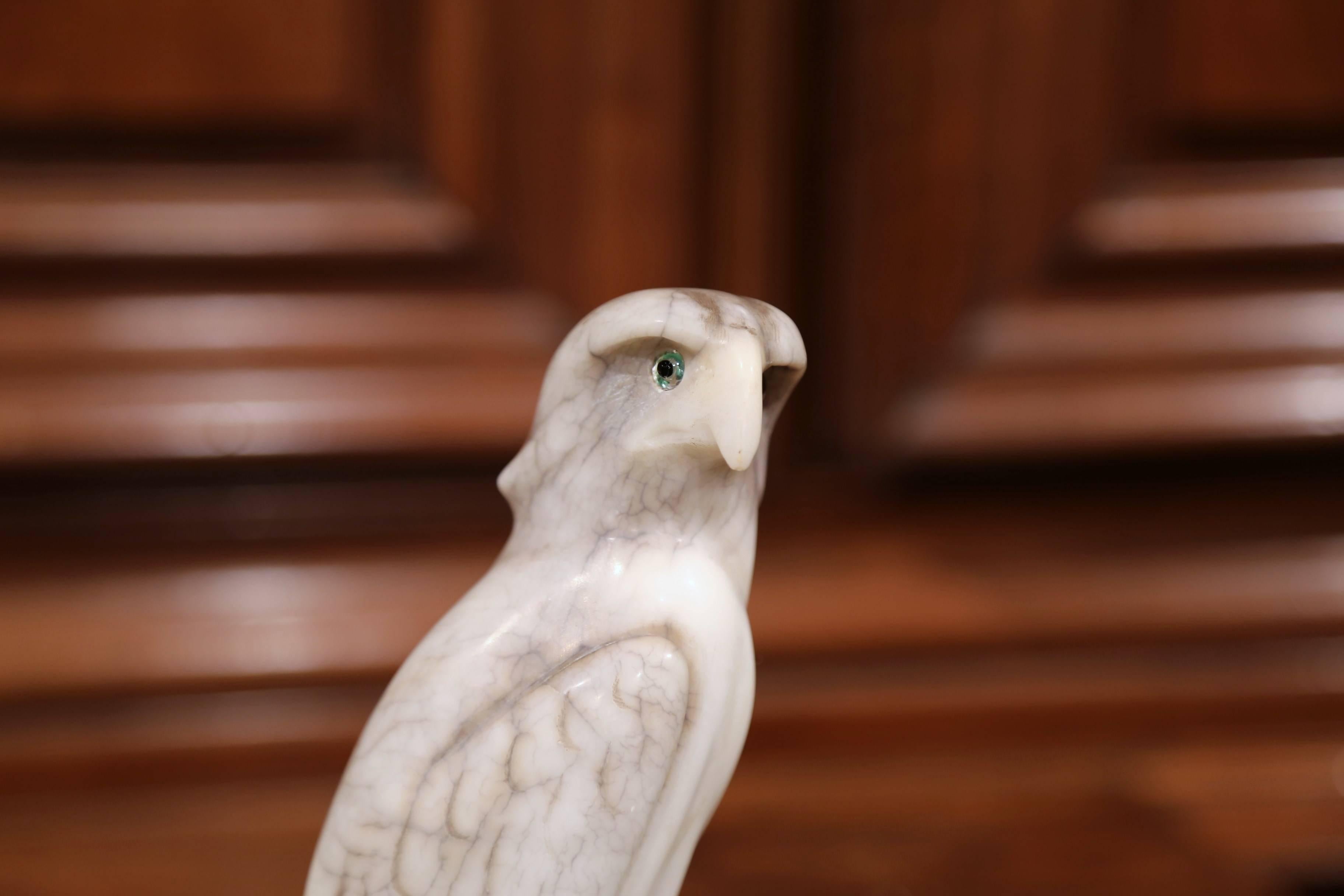 Pair of 19th Century French Carved Marble Eagle and Falcon with Glass Eyes In Excellent Condition In Dallas, TX