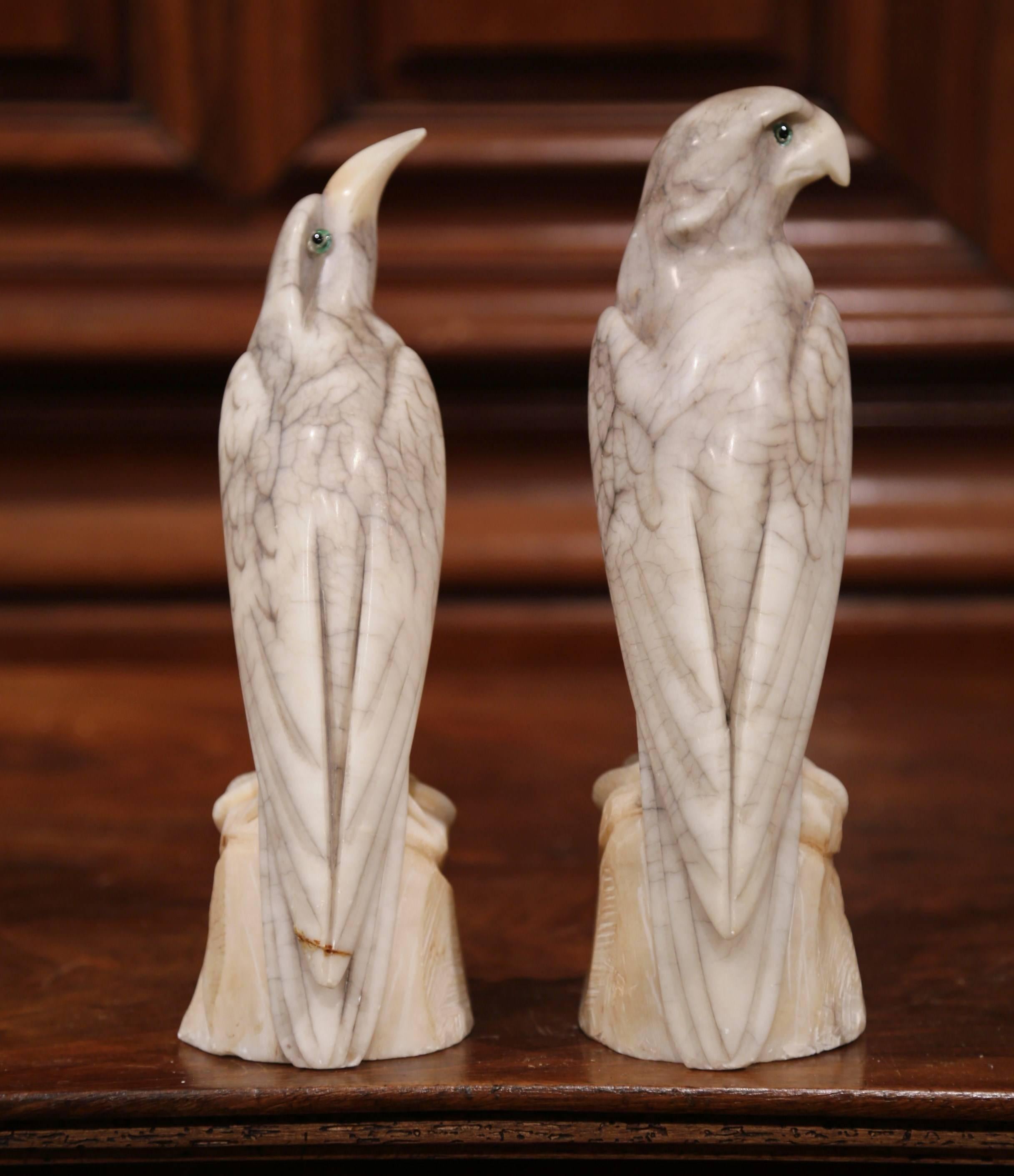 Pair of 19th Century French Carved Marble Eagle and Falcon with Glass Eyes 1