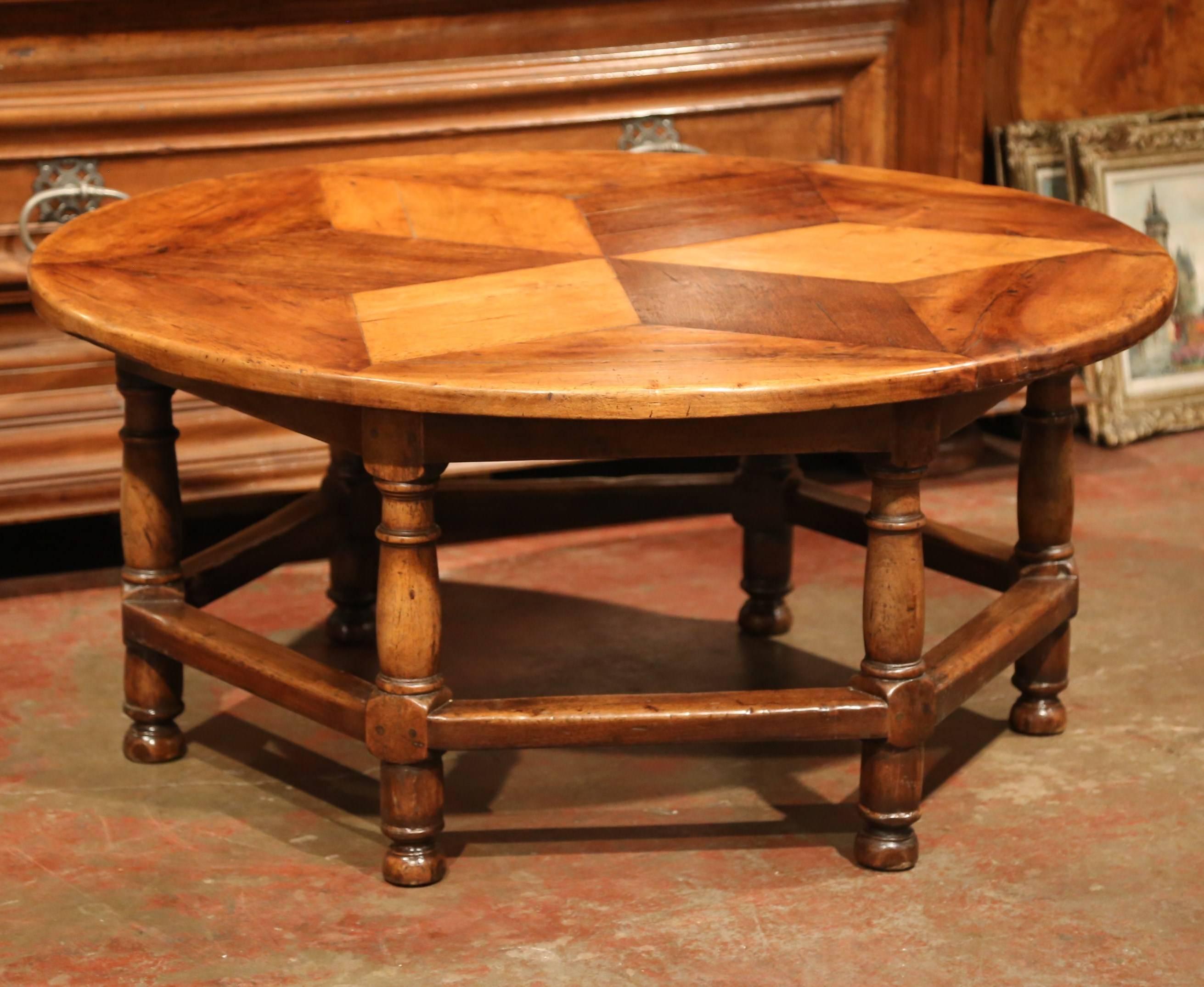 Cherry Midcentury French Six-Leg Round Coffee Table with Geometric Parquet Top