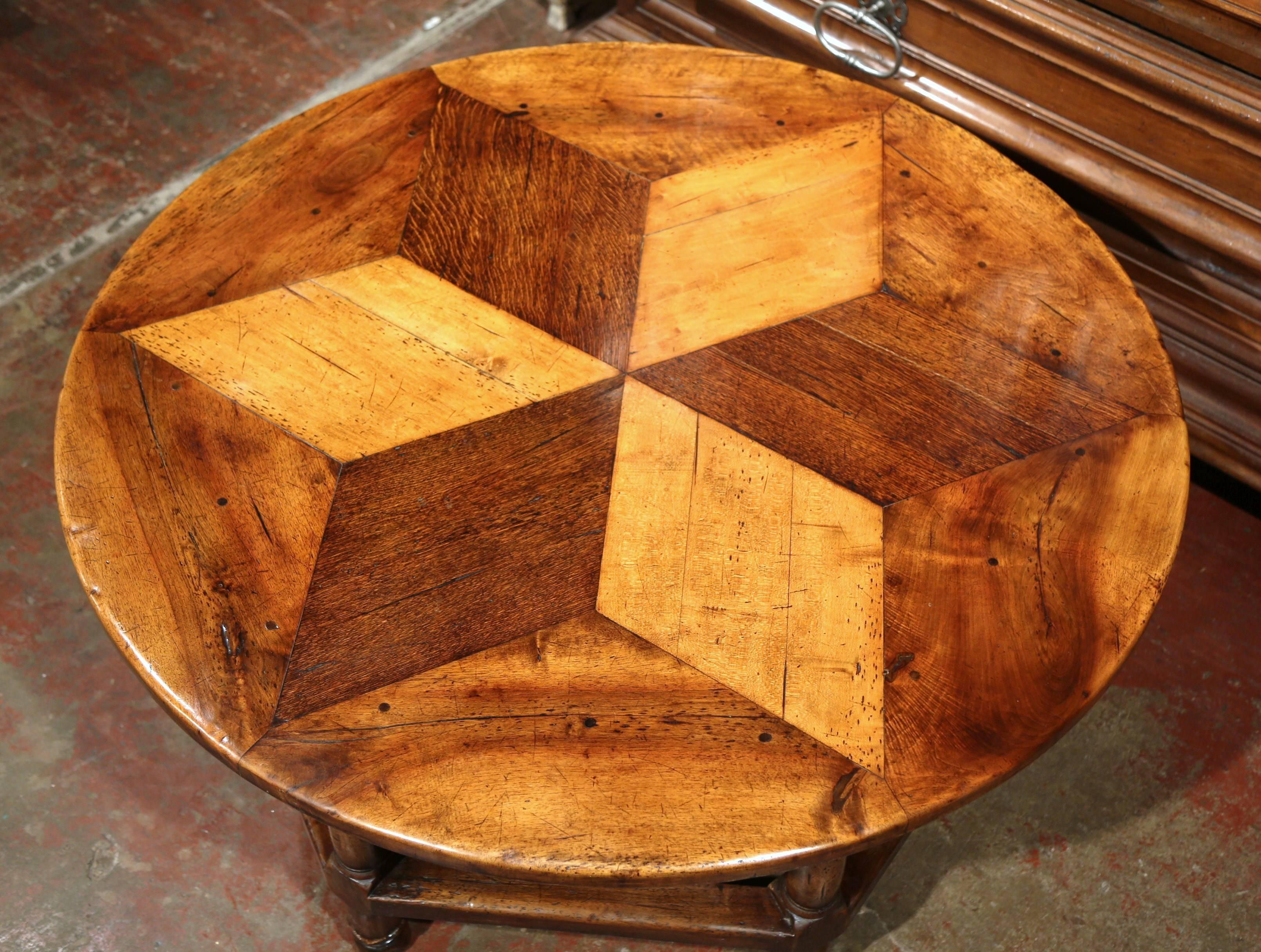 Louis XIII Midcentury French Six-Leg Round Coffee Table with Geometric Parquet Top