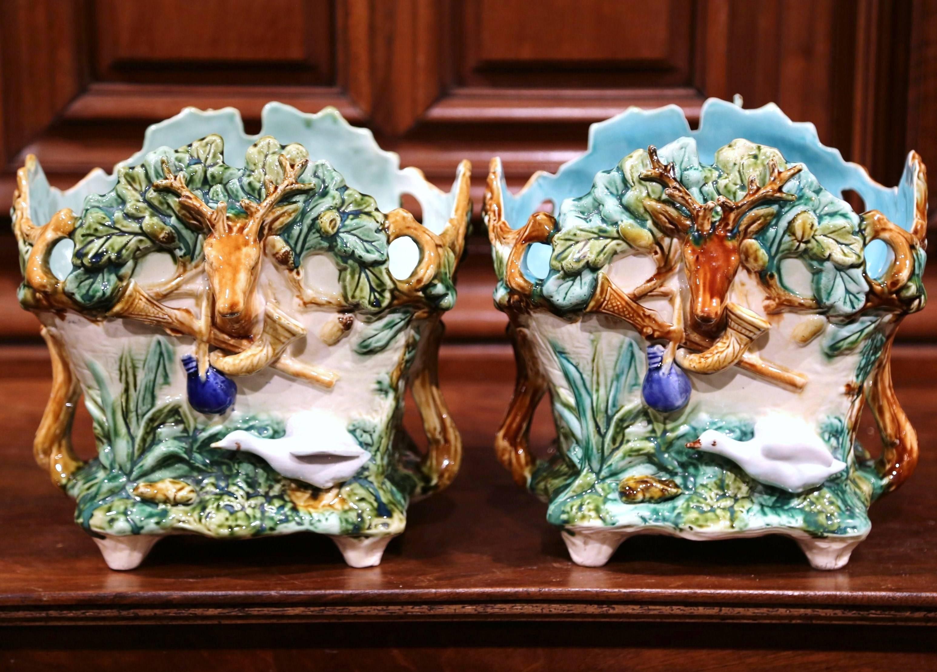 Pair of 19th Century French Barbotine Cachepots with Hunting Ornaments 2