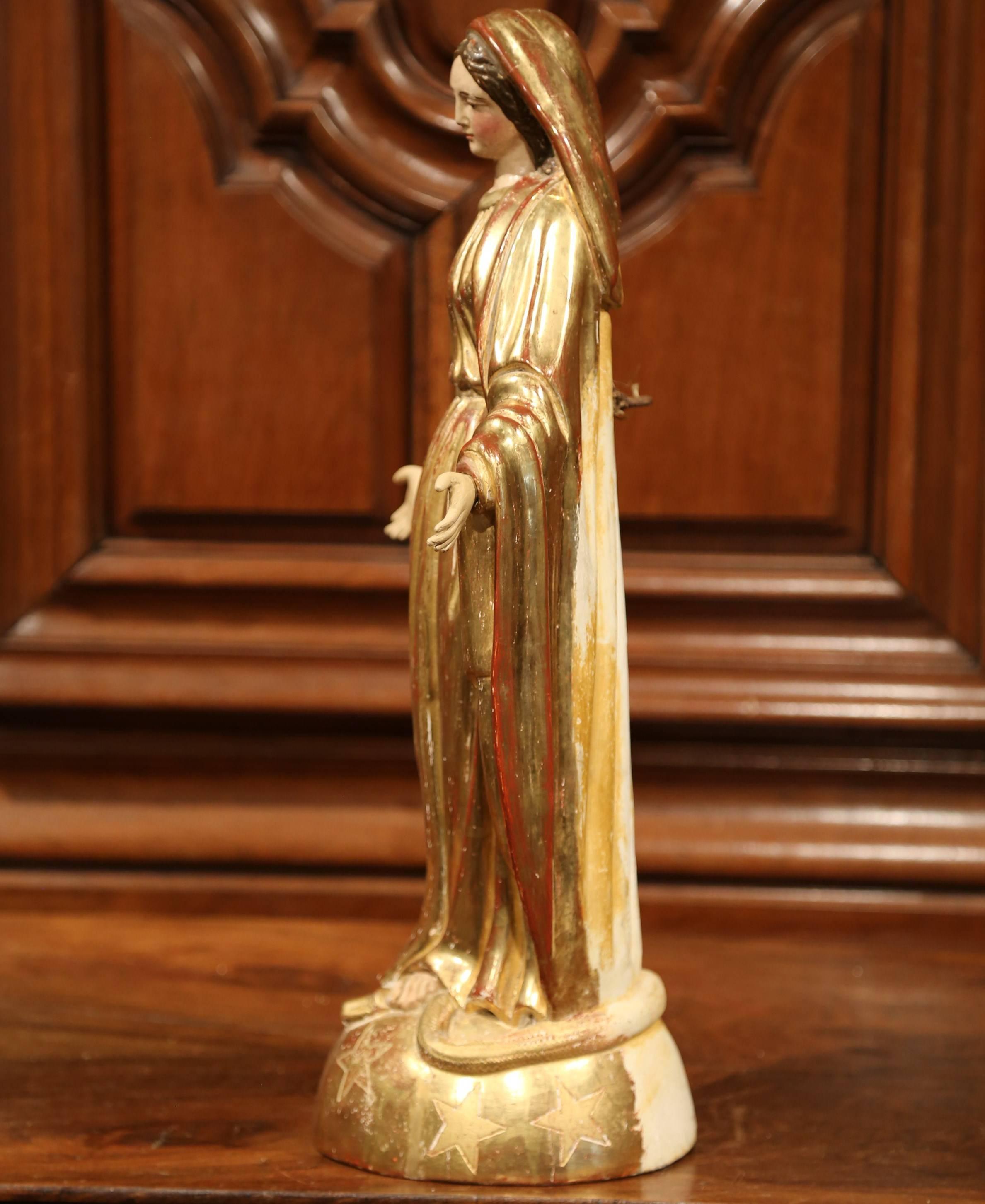 Hand-Carved 18th Century French Carved Giltwood Virgin Mary Statue Standing on Globe