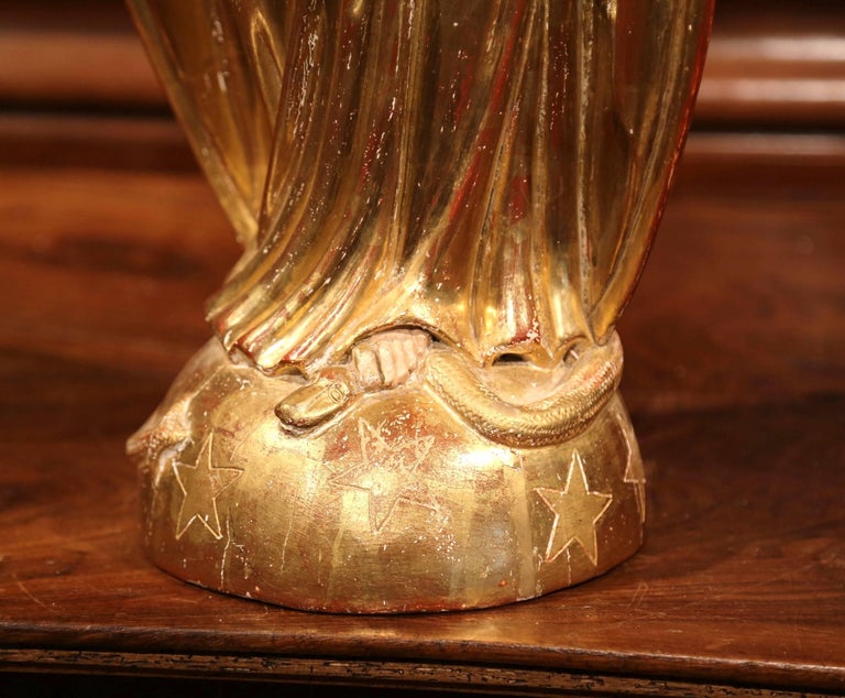 18th Century French Carved Giltwood Virgin Mary Statue Standing on
